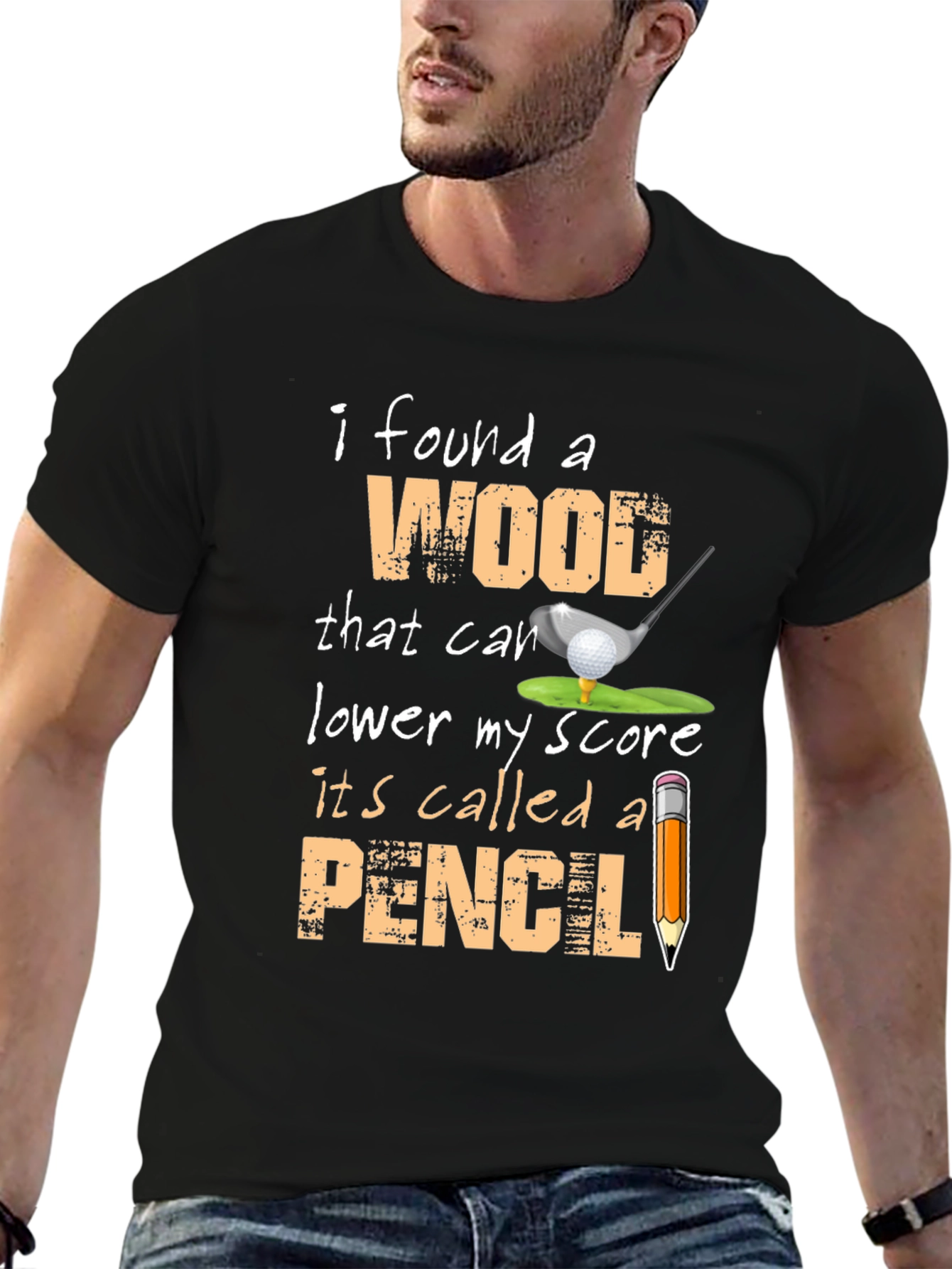 Black Funny Golf T-Shirt - Wood and Pencil view 6