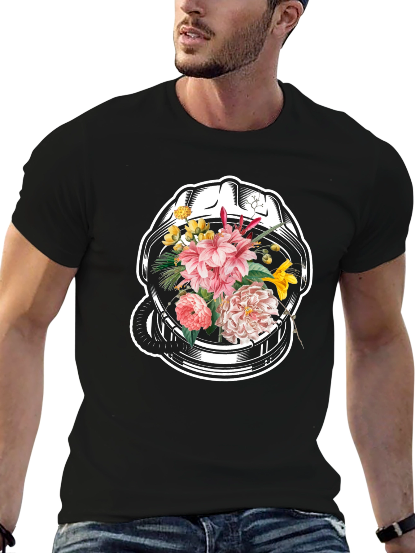 Black Floral Astronaut Helmet Graphic Tee - Unique Design view 6