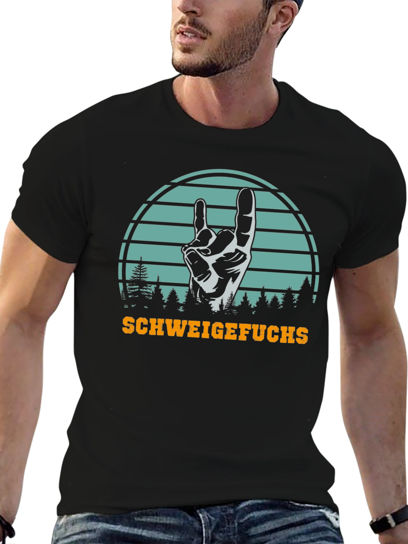 Black SchweigeFuchs Hand Sign Graphic T-Shirt view 6
