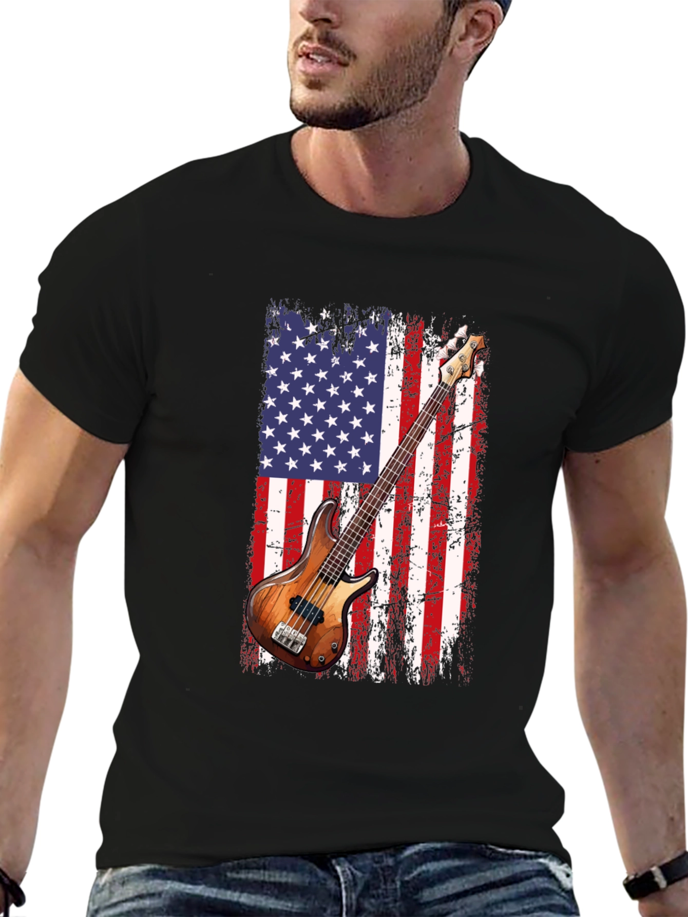 Black USA Flag Bass Guitar T-Shirt view 6