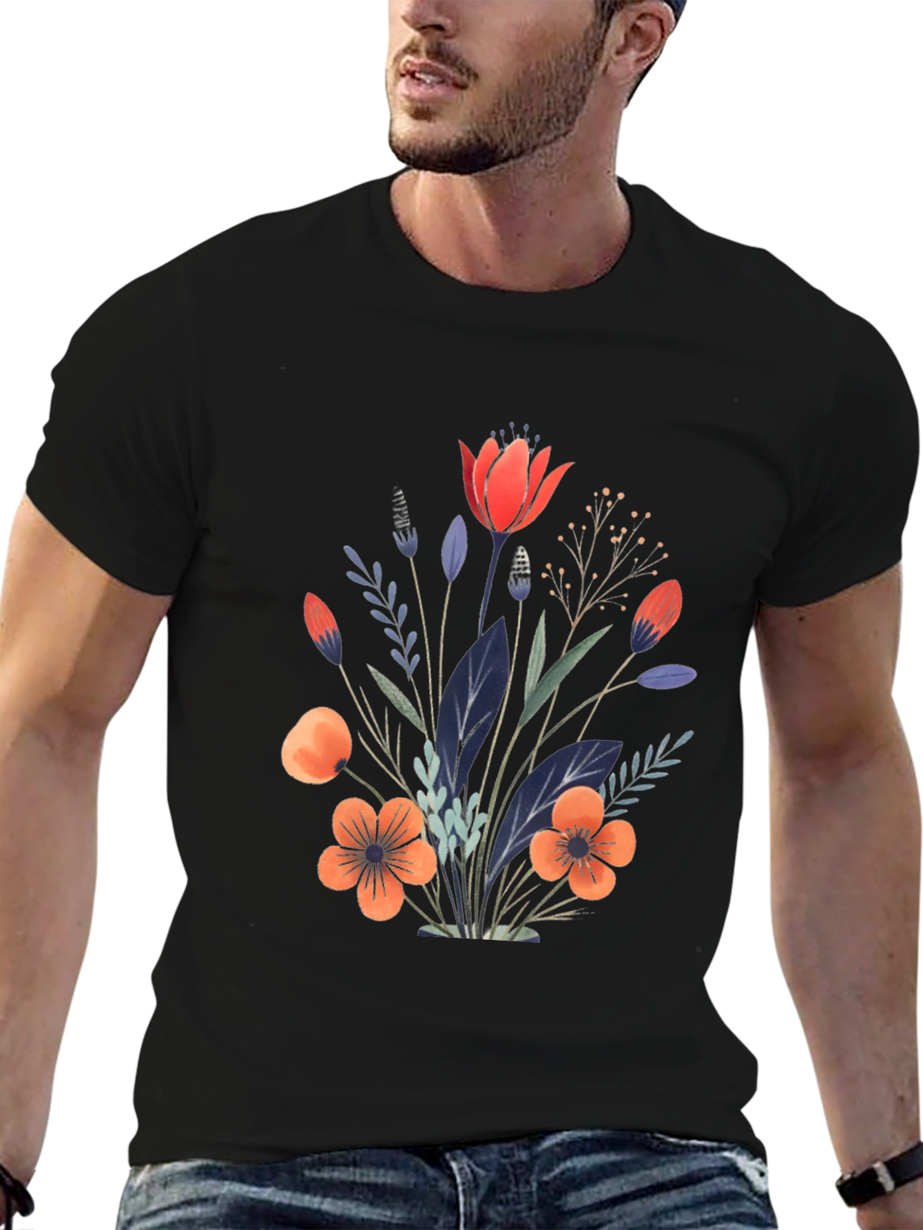 Black Floral Bouquet Graphic Print Black T-Shirt view 6