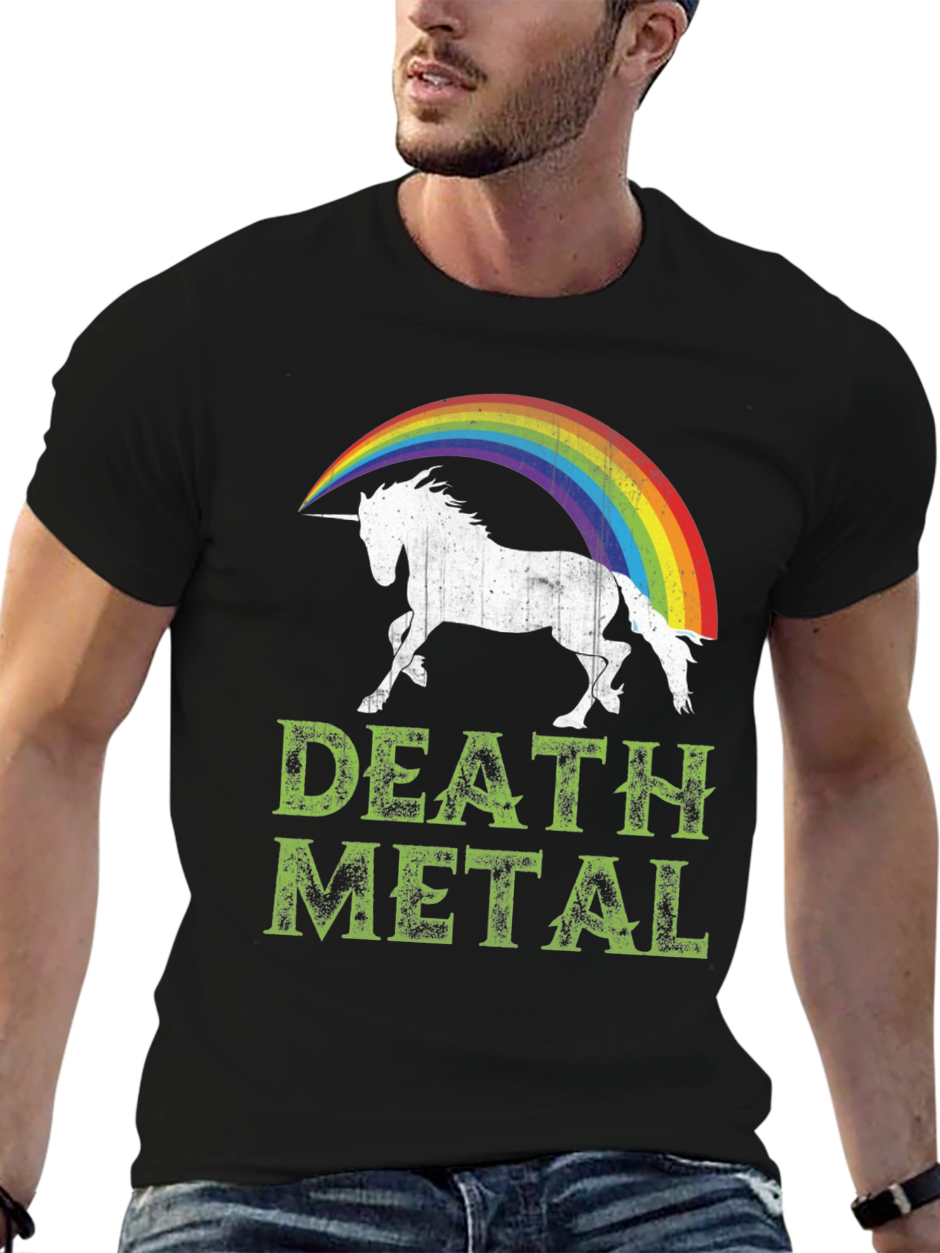 Black Death Metal Unicorn Rainbow T-Shirt - Black Cotton Tee view 6