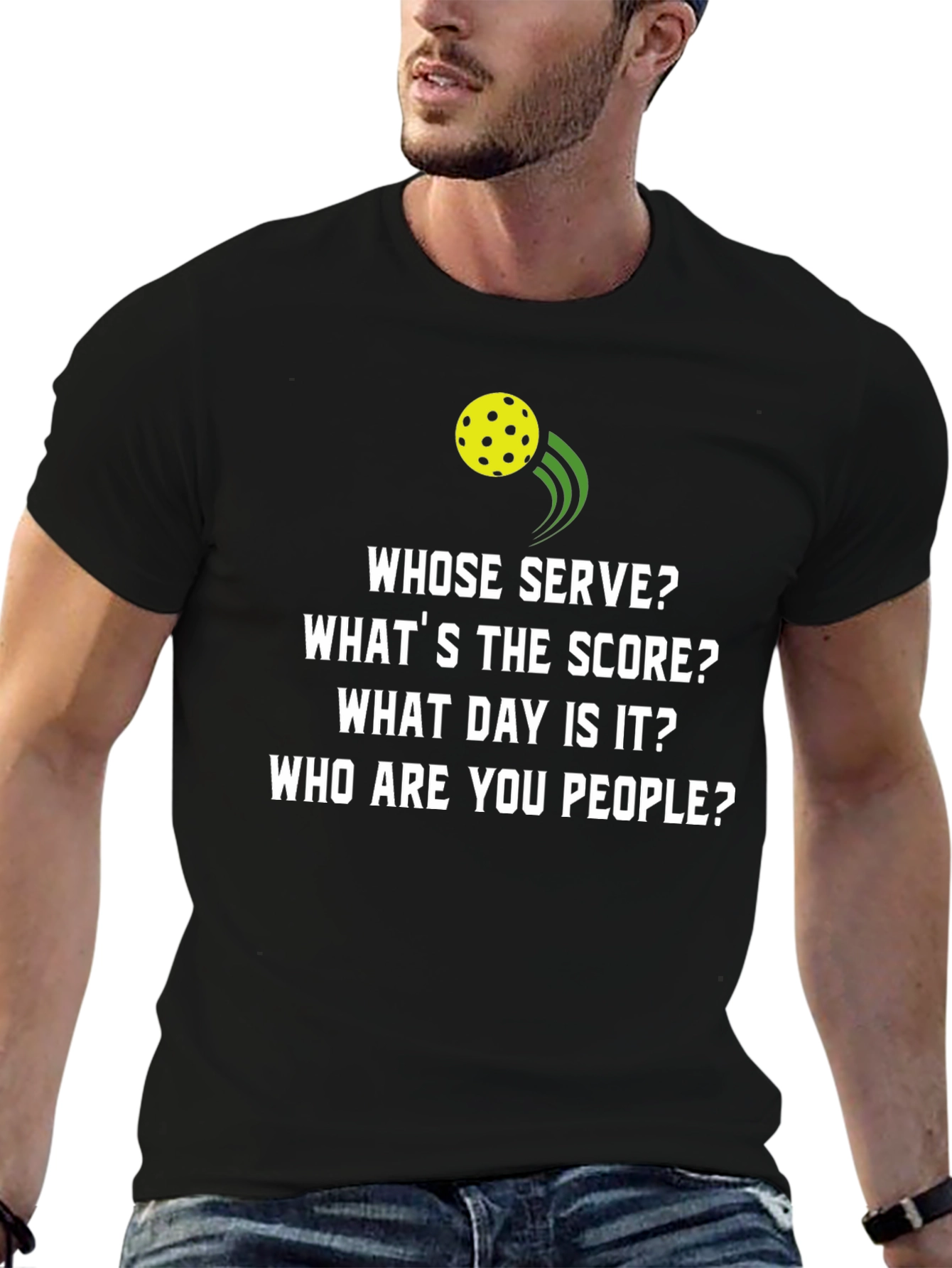 Black Pickleball T-Shirt: Whose Serve Funny Tee view 6