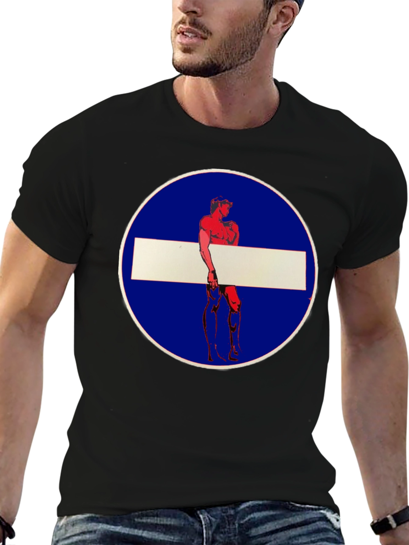 Black Novelty Graphic Tee: Muscle Man Circle Stop Sign Design view 6