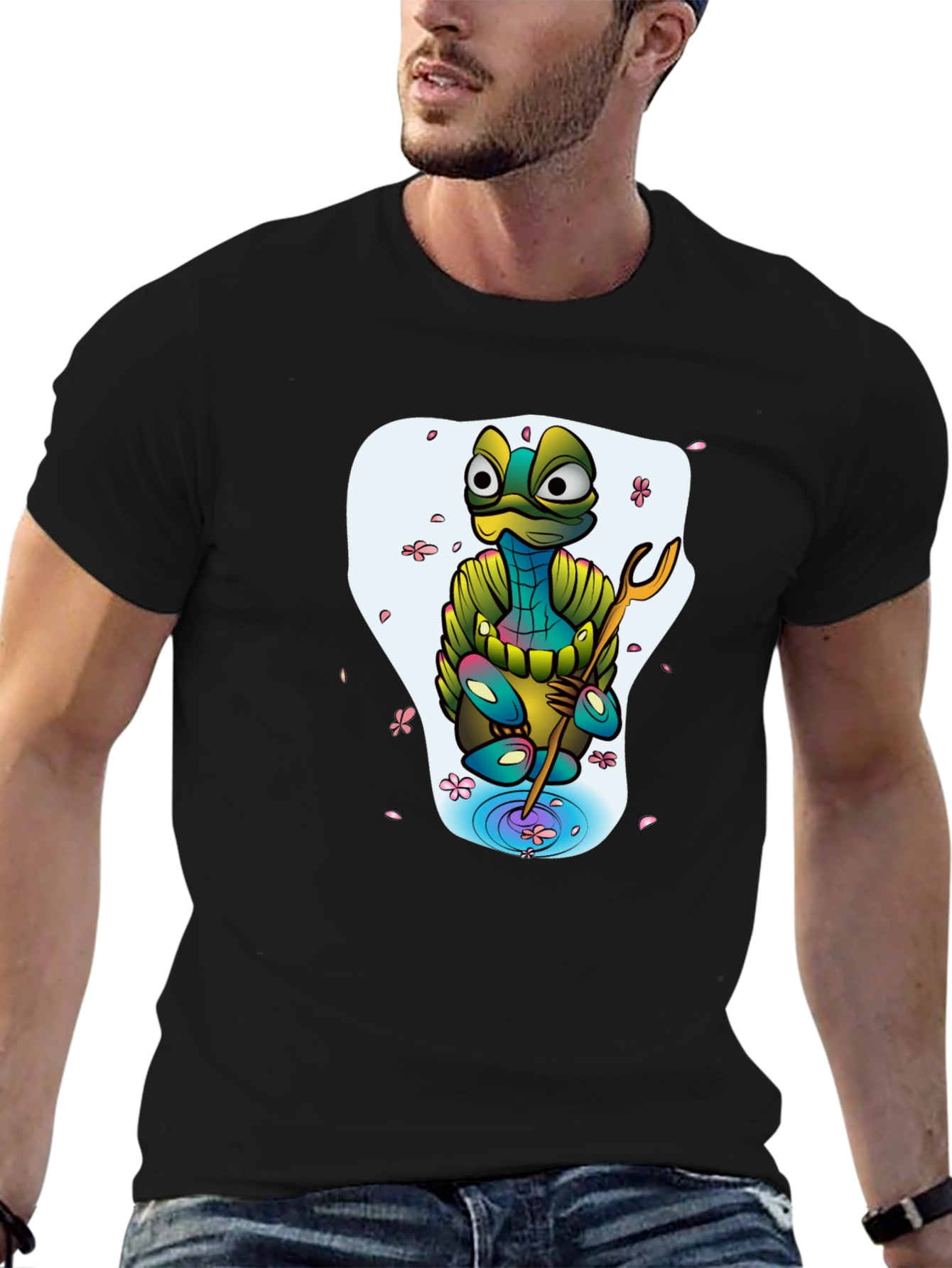 Black Cartoon Turtle Graphic Tee - Men's Black T-Shirt view 6