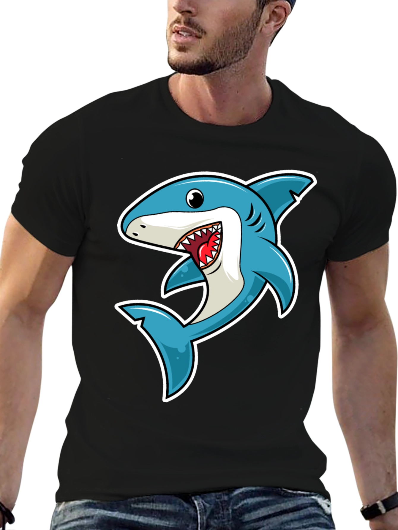 Black Shark Cartoon Graphic Tee - Black Cotton T-Shirt view 6