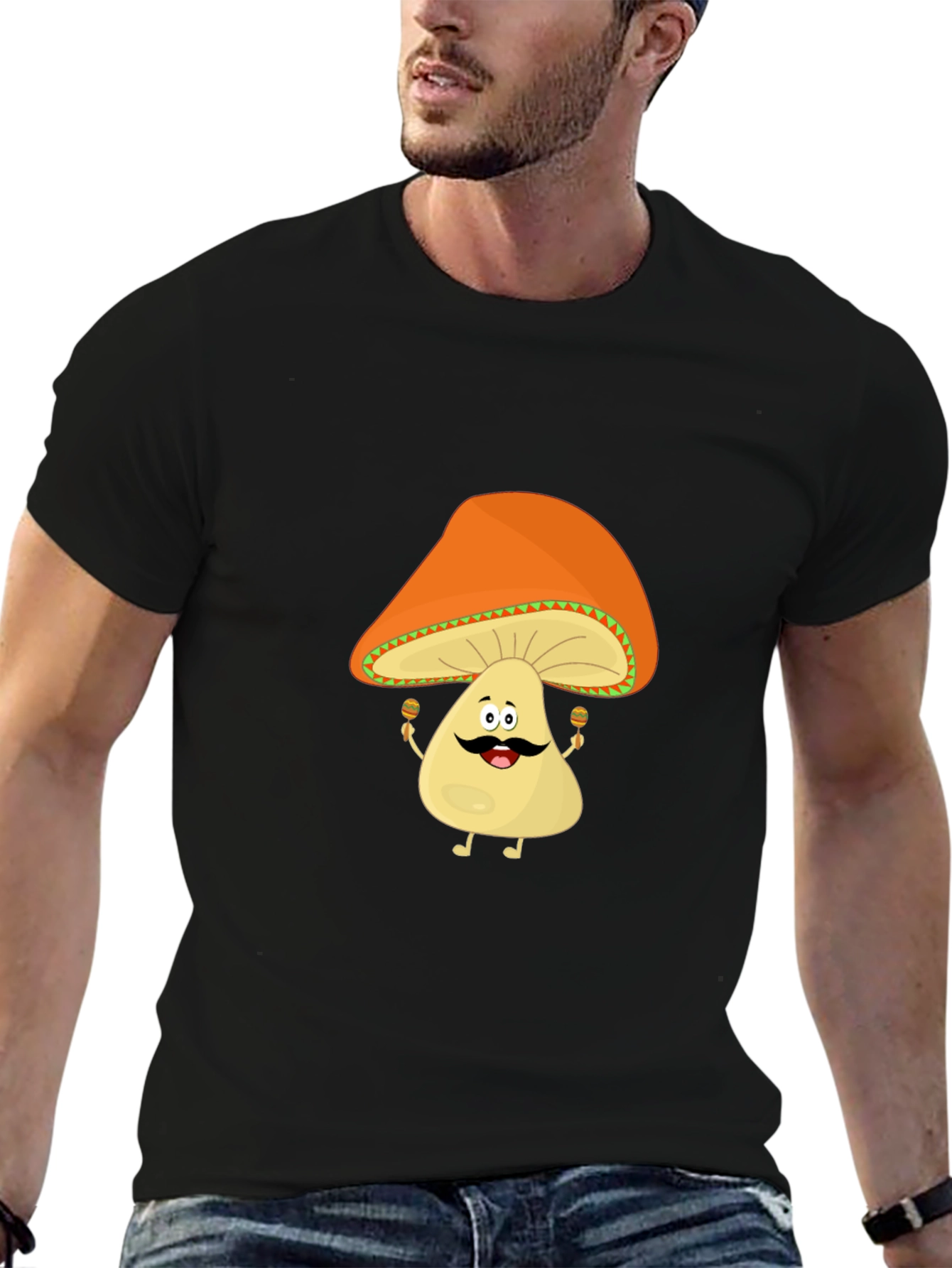 Black Funny Mushroom Man Black T-Shirt view 6