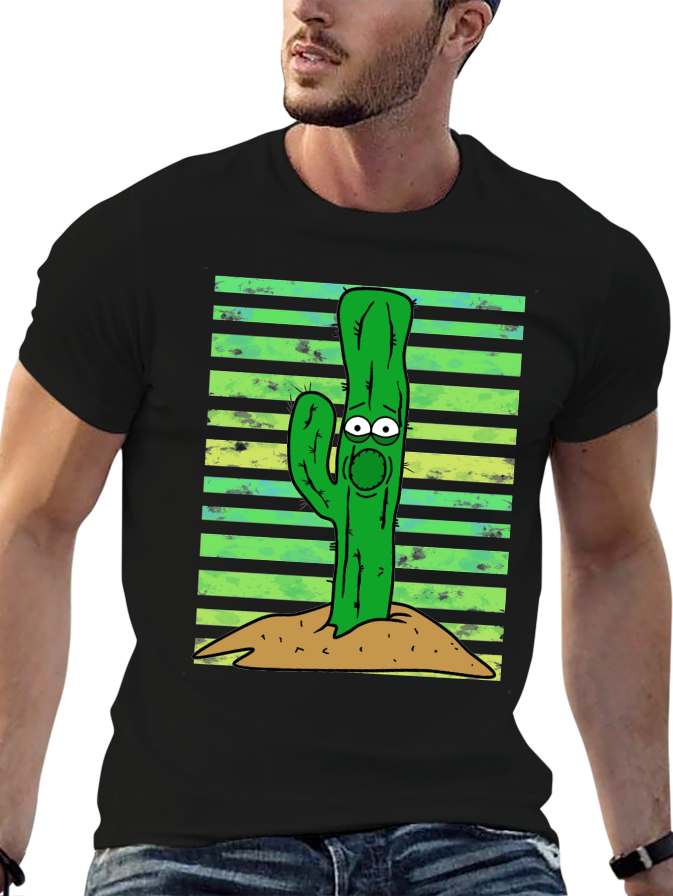 Black Cartoon Cactus Graphic Tee - Unisex Black T-Shirt view 6