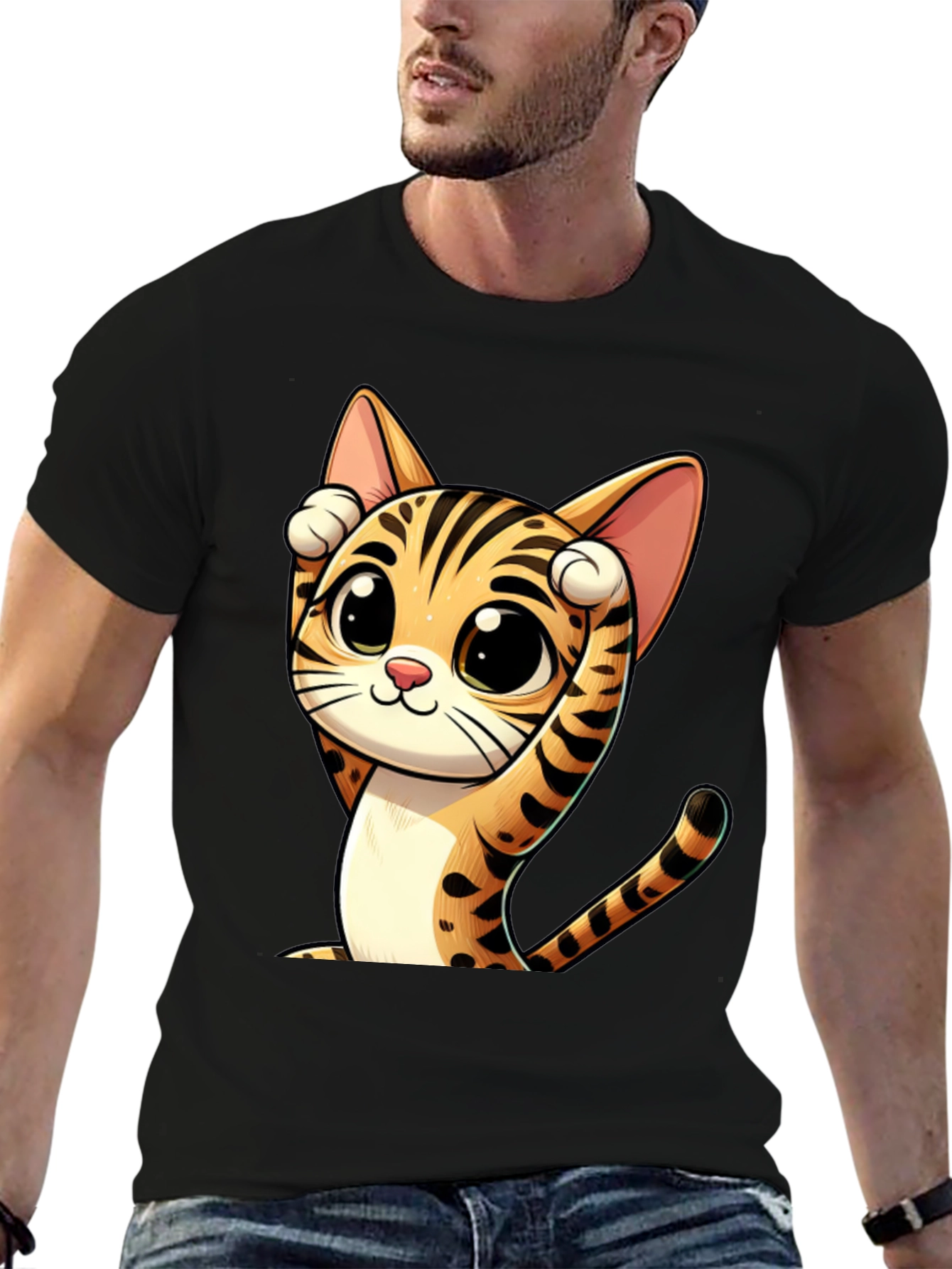 Black Cute Cartoon Cat Graphic Black T-Shirt view 6