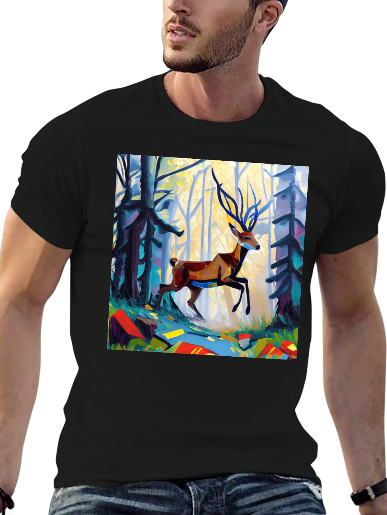 Abstract Deer Forest Graphic Tee - Black Casual T-Shirt - 6