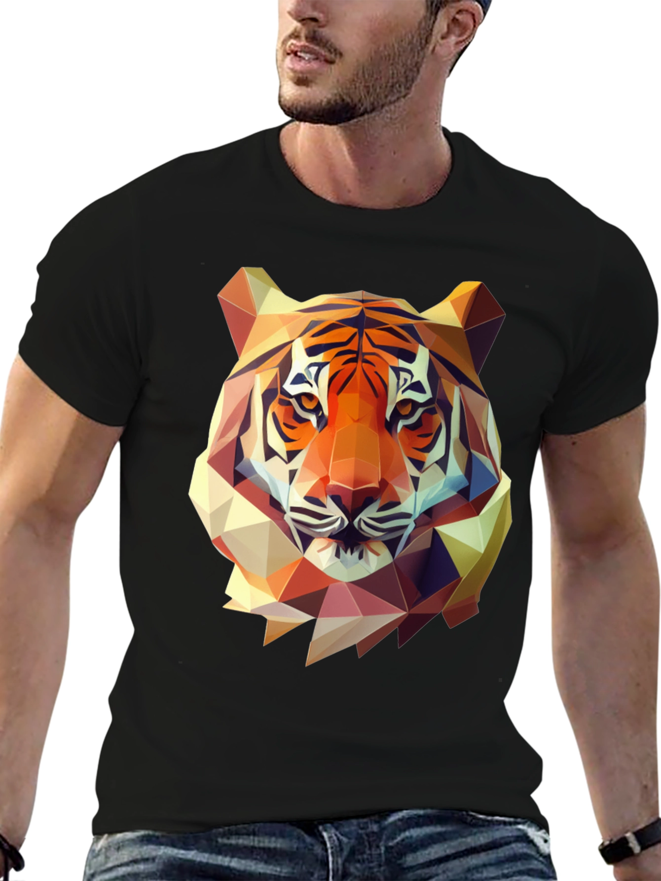 Black Geometric Tiger Graphic Tee - Men's Black T-Shirt view 6