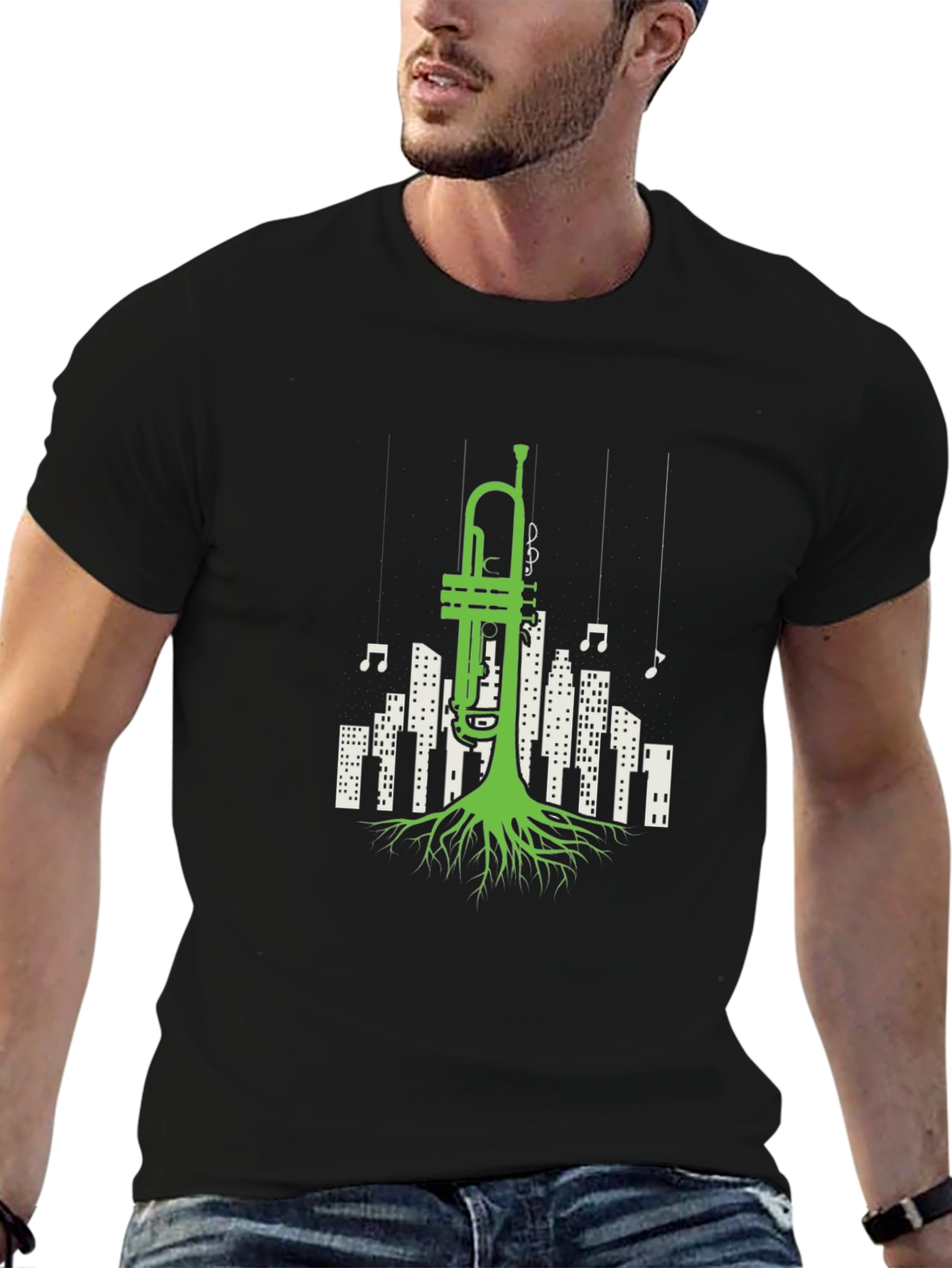 Black Jazz Roots T-Shirt - Trumpet Cityscape Design view 6