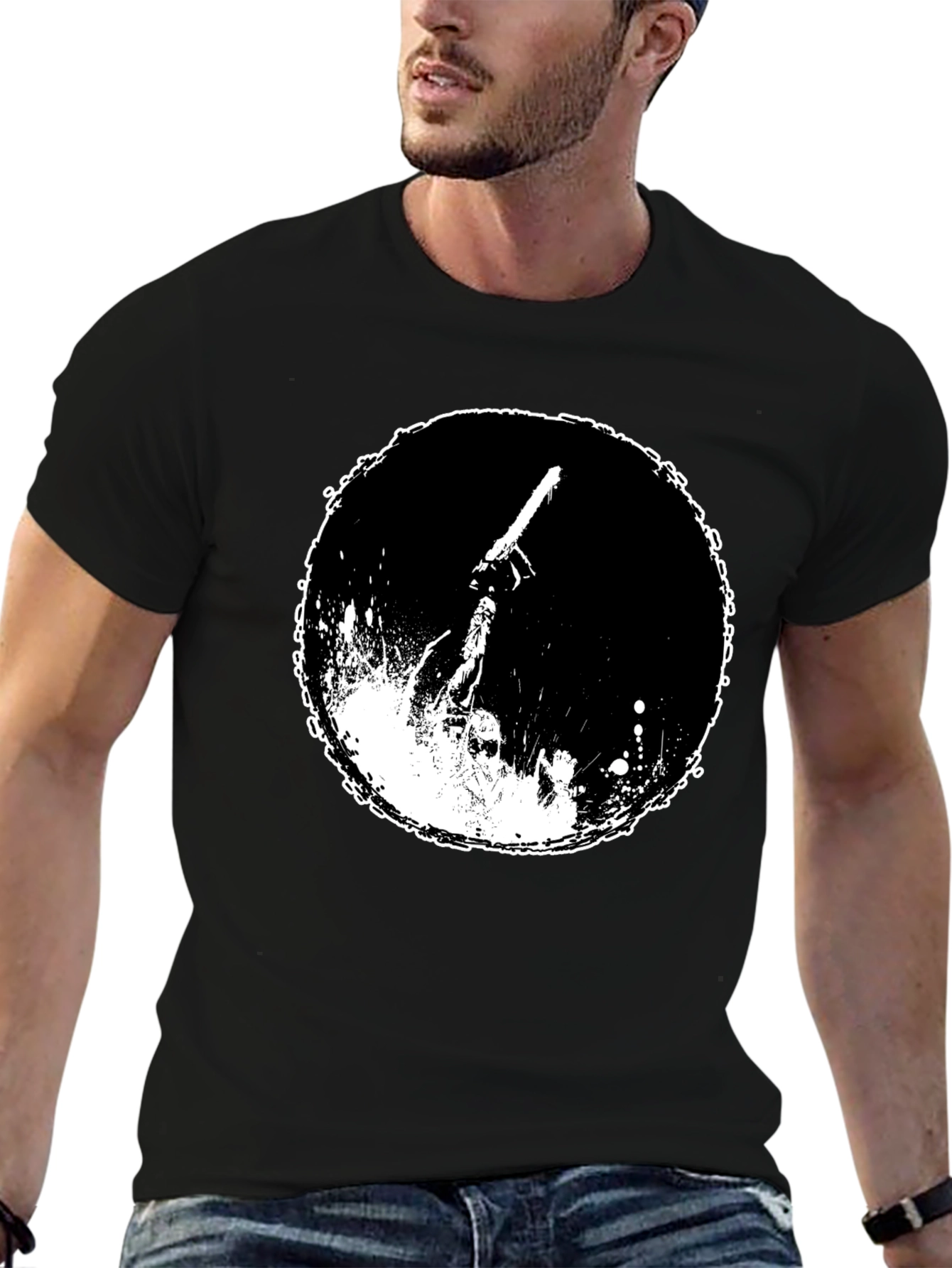 Black Graphic Tee: Chainsaw Moon Black Cotton T-Shirt view 6
