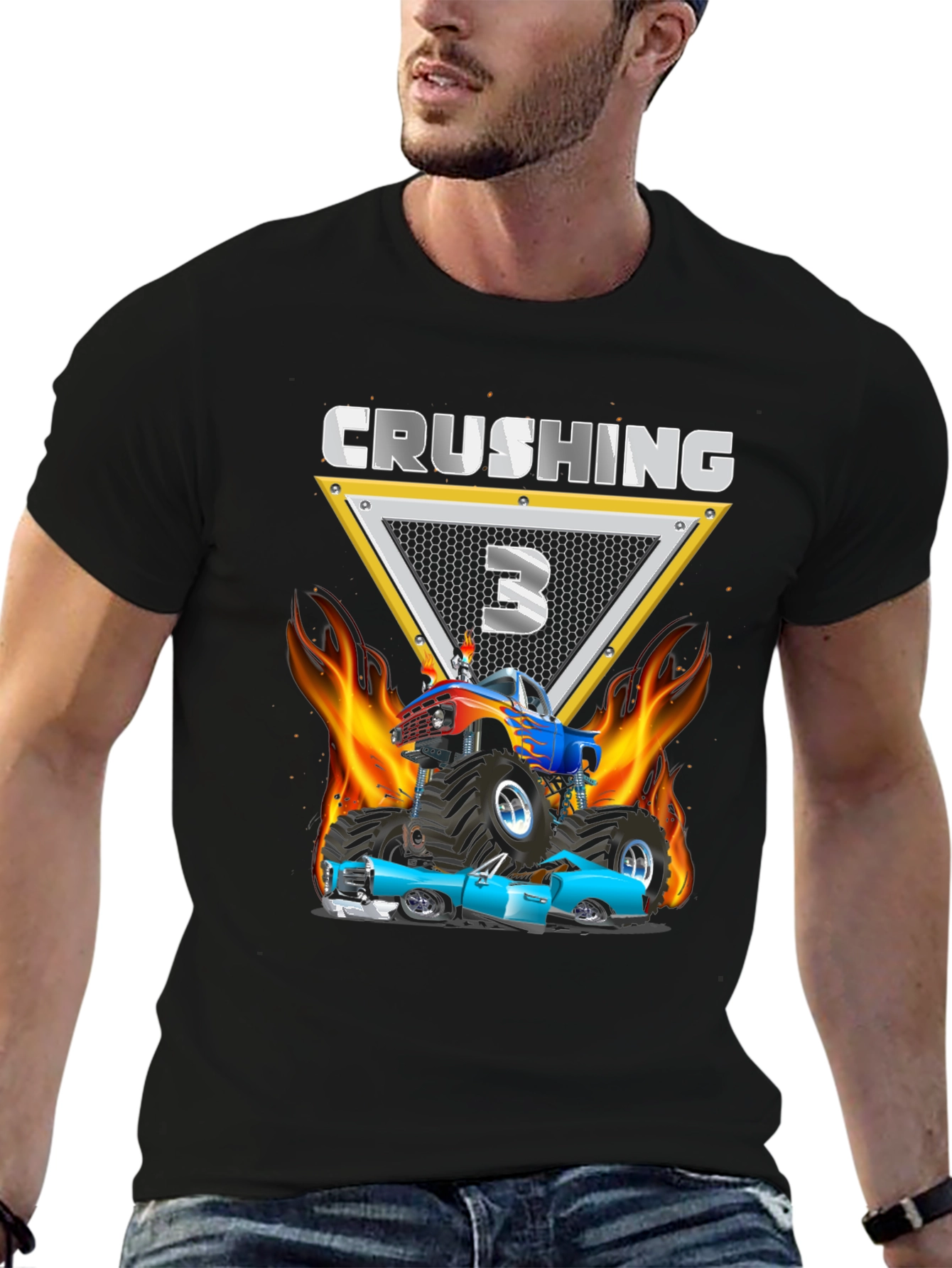 Black Crushing Three Monster Truck Birthday T-Shirt view 6
