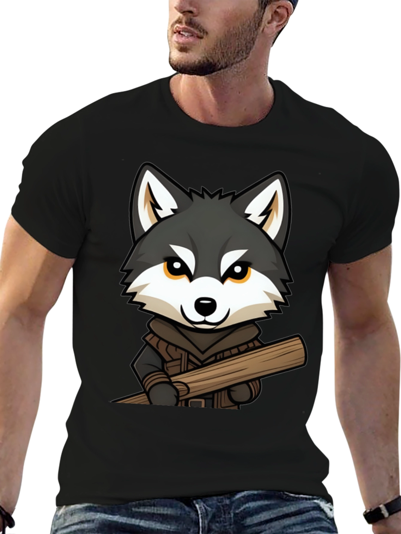 Black Wolf Lumberjack Cartoon Graphic T-Shirt view 6