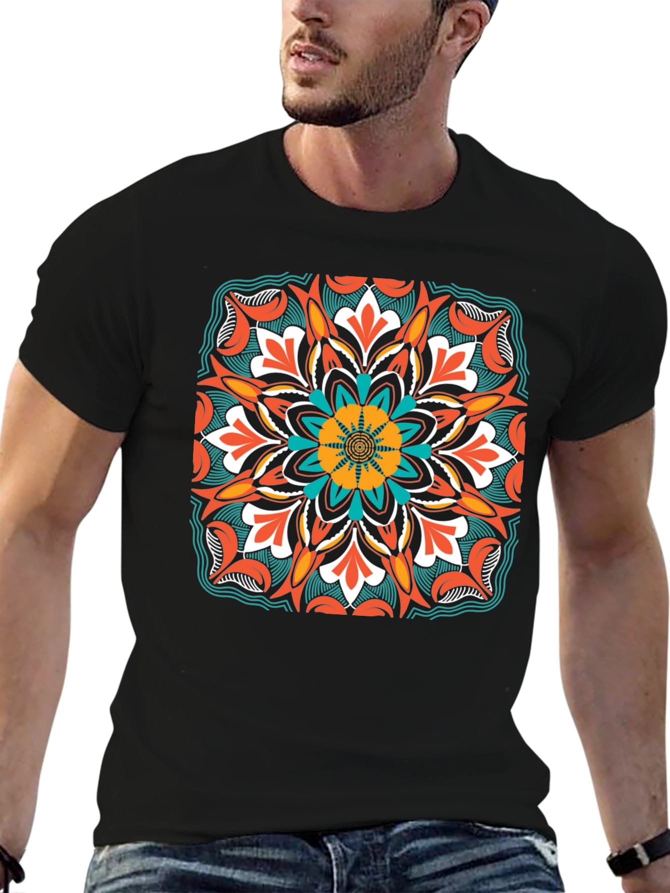 Black Geometric Mandala Design Black T-Shirt view 6