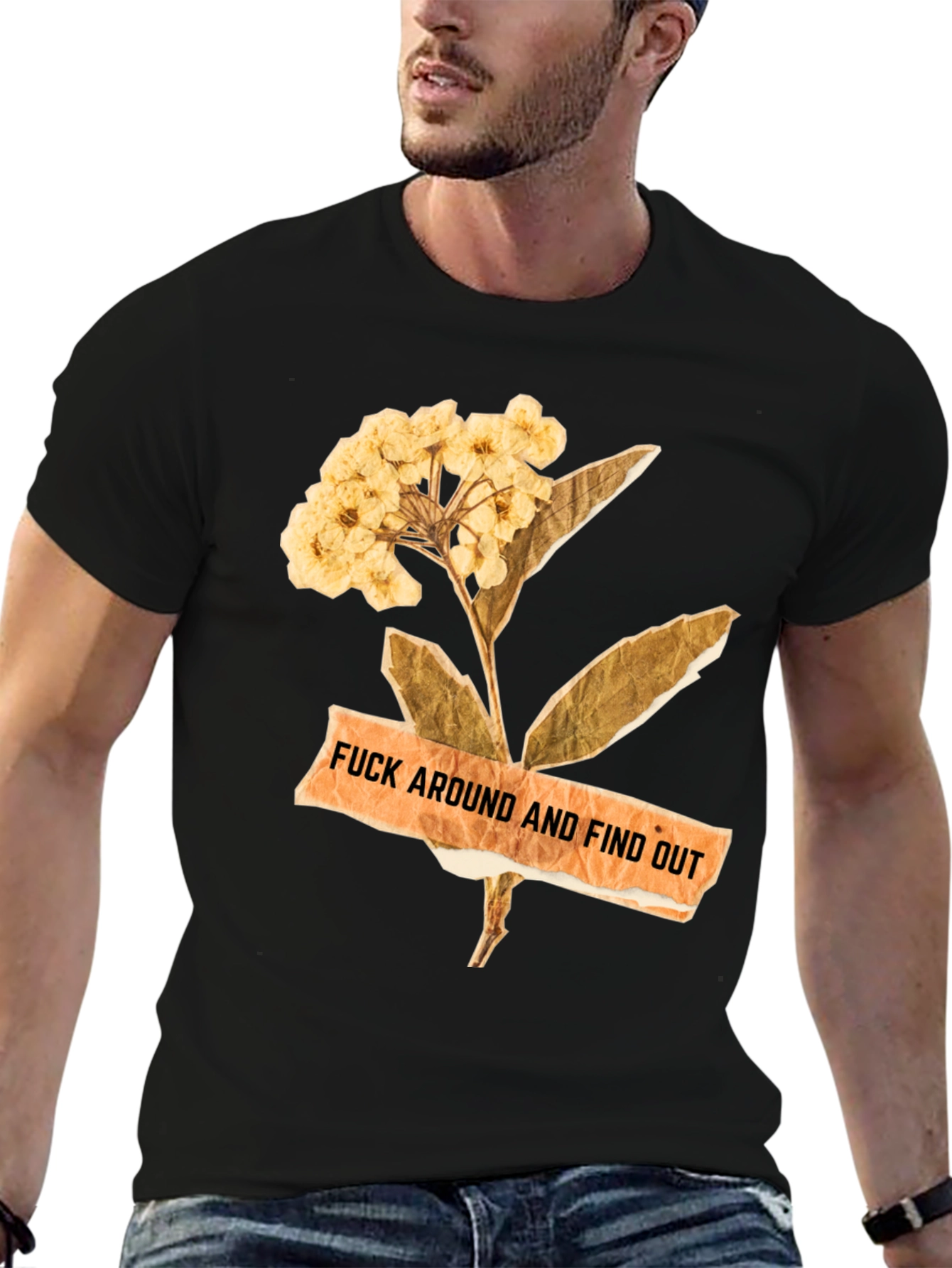 Black Floral Caution Men's Black Tee view 6