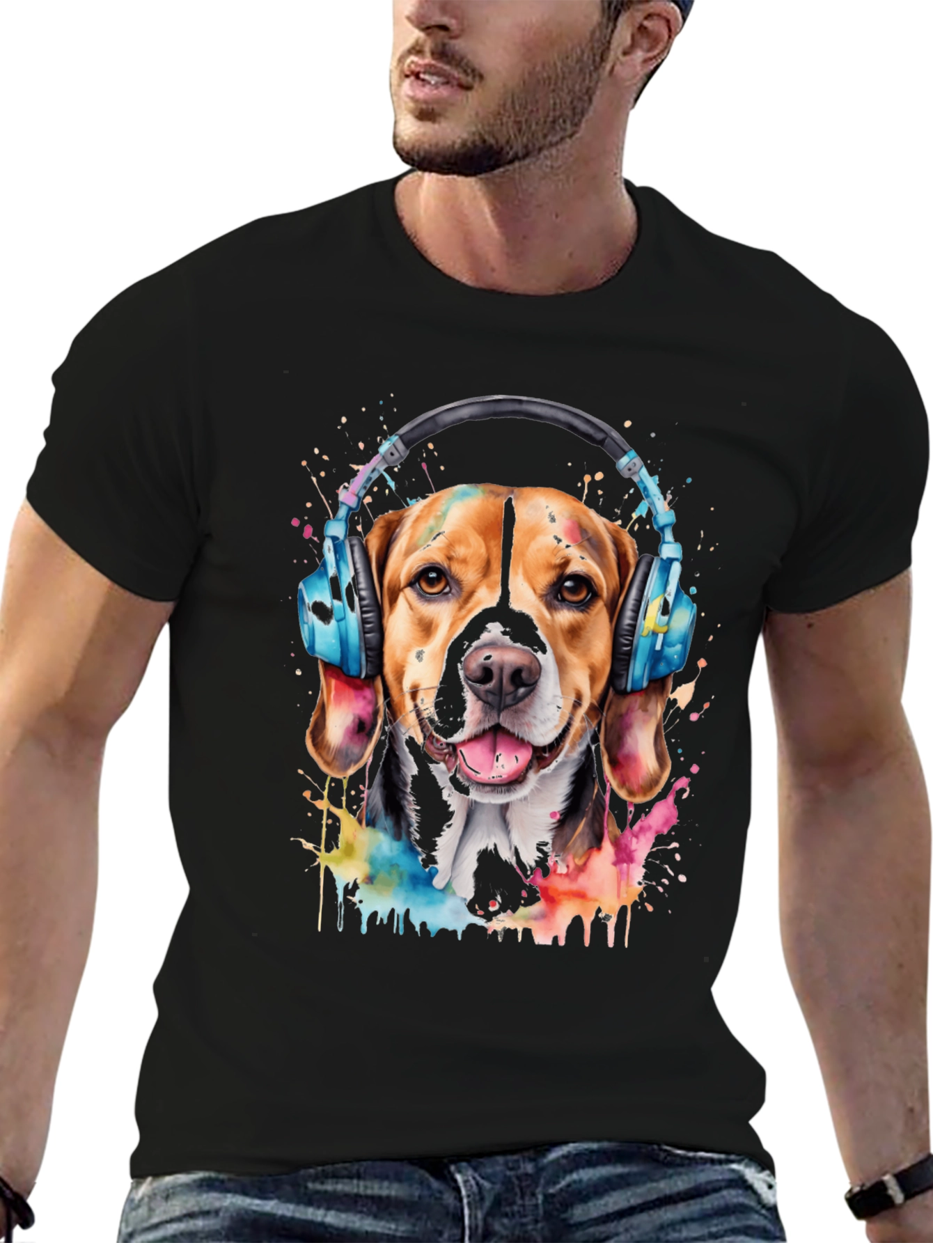 Black Dog with Headphones Graphic Tee view 6