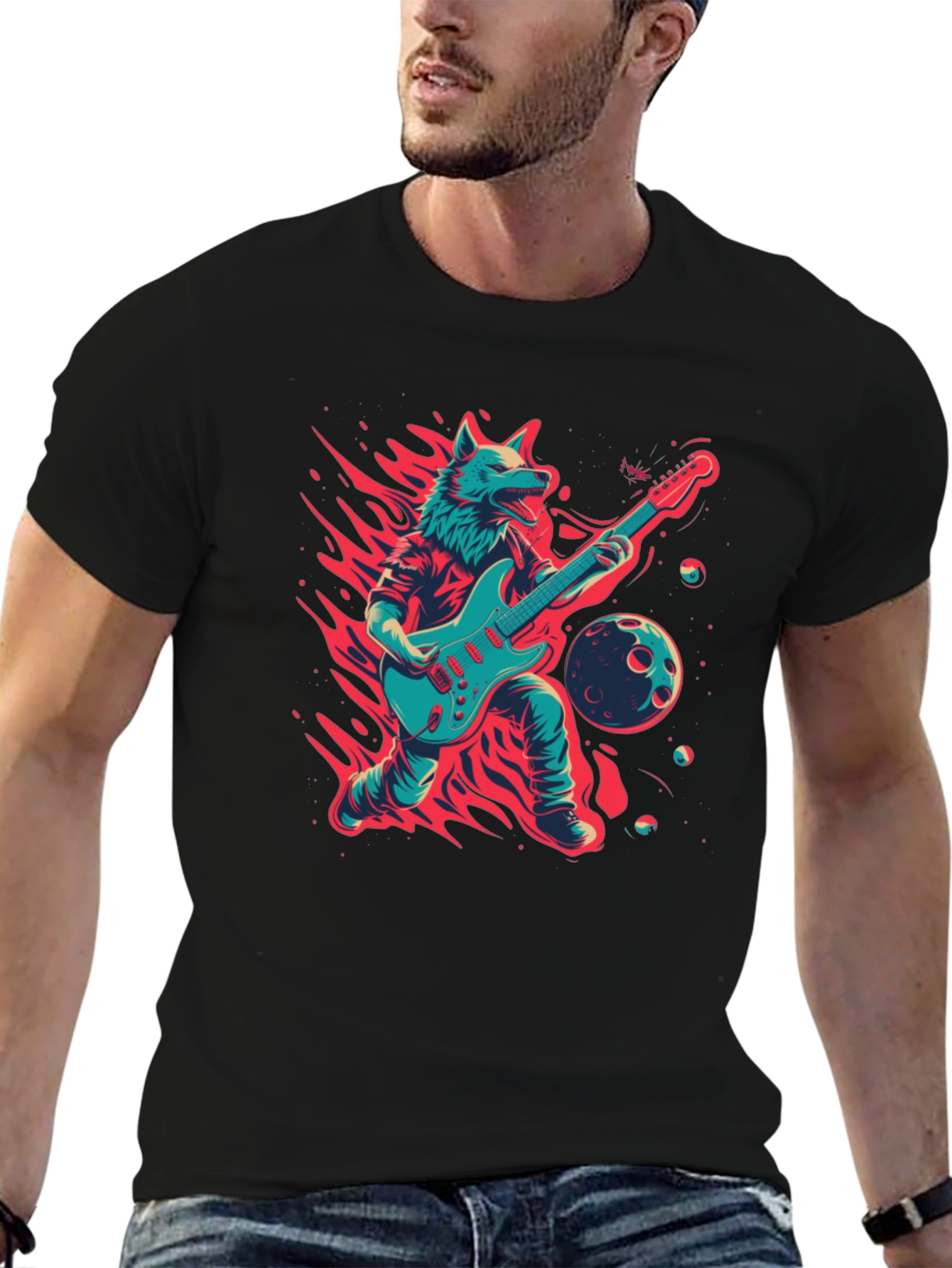 Black Wolf Guitarist Graphic T-Shirt - Unique Design view 6