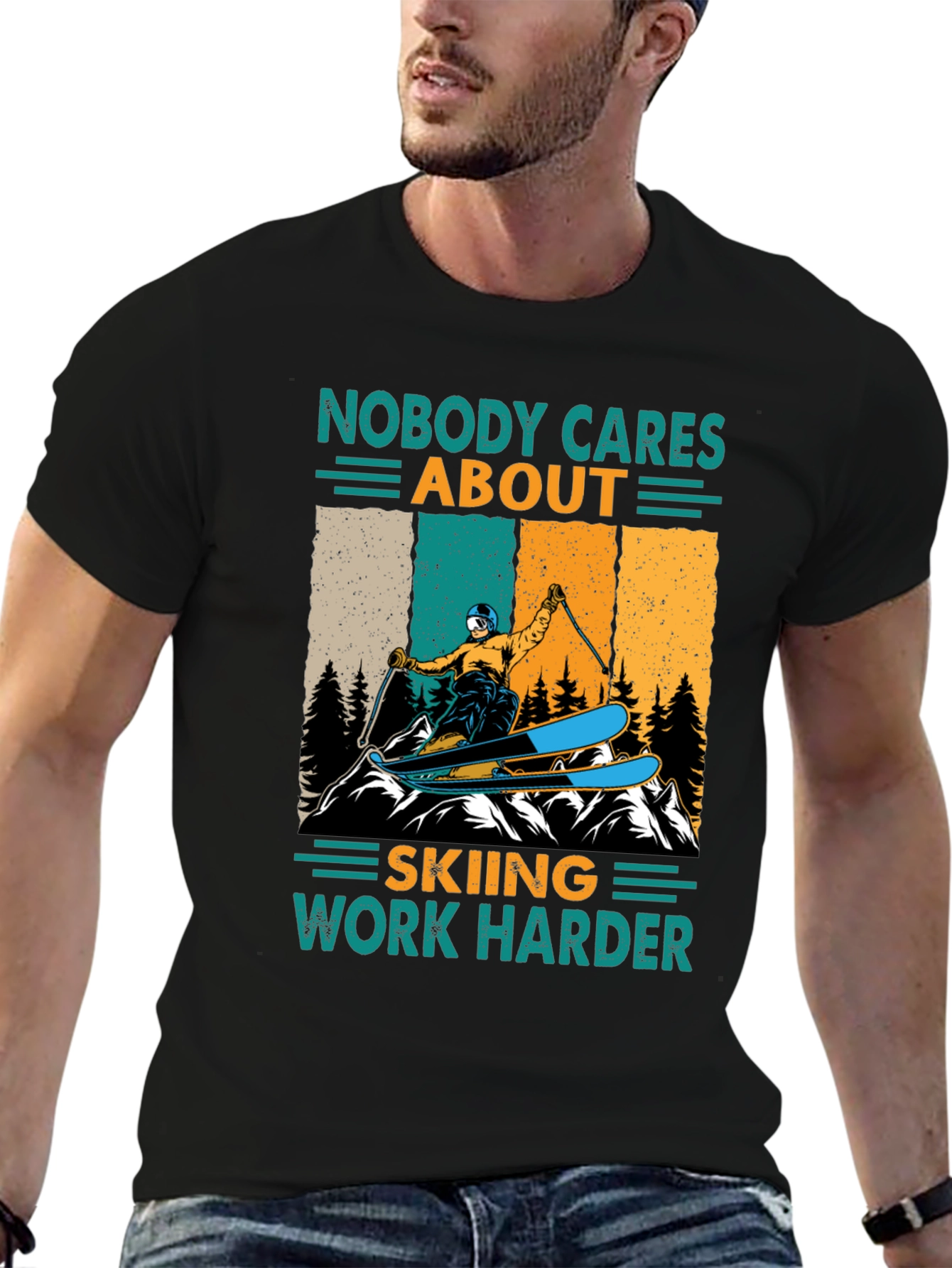 Black Skiing T-Shirt - Nobody Cares, Work Harder Graphic Tee view 6