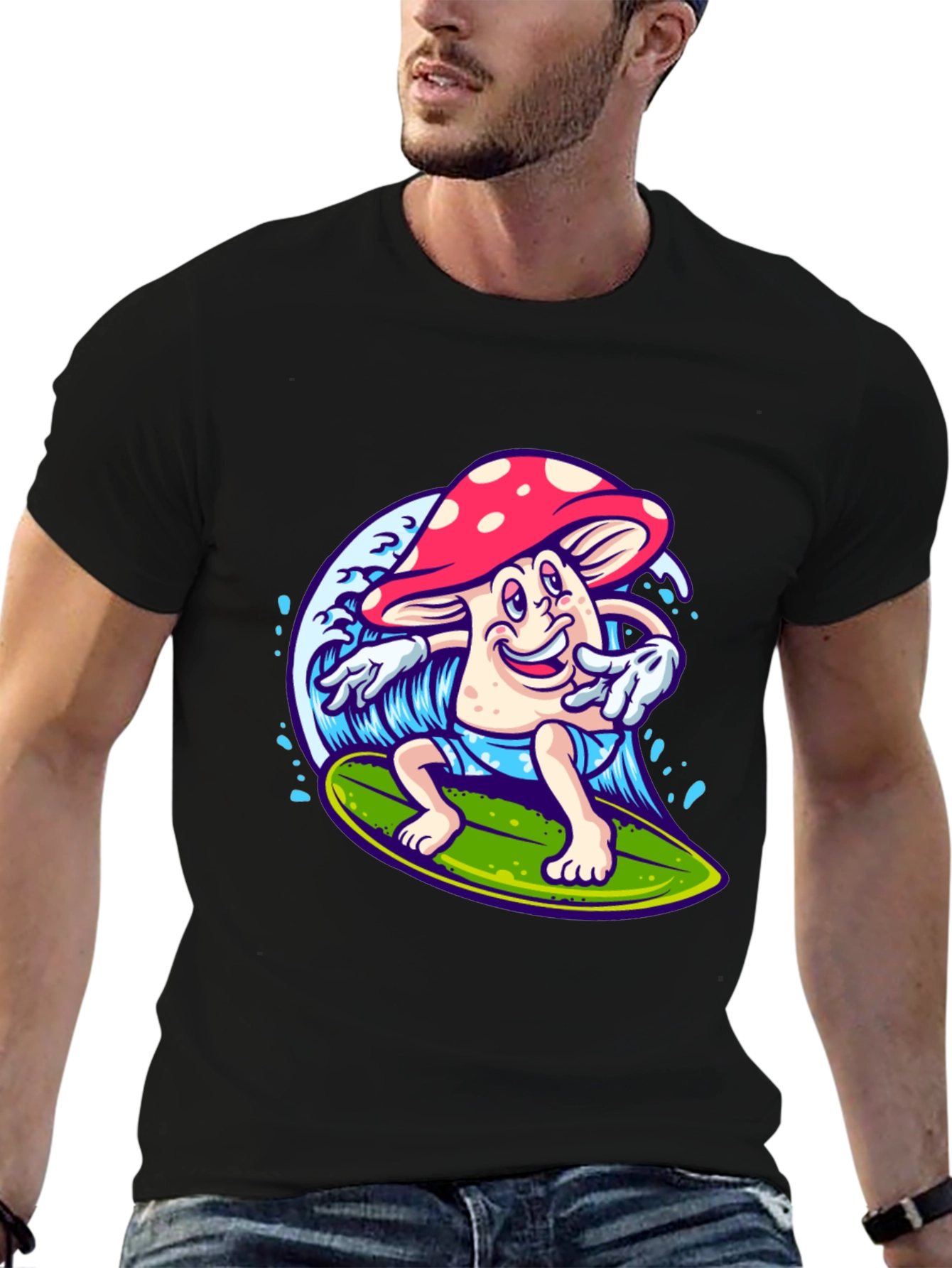 Black Surfing Mushroom Graphic T-Shirt view 6