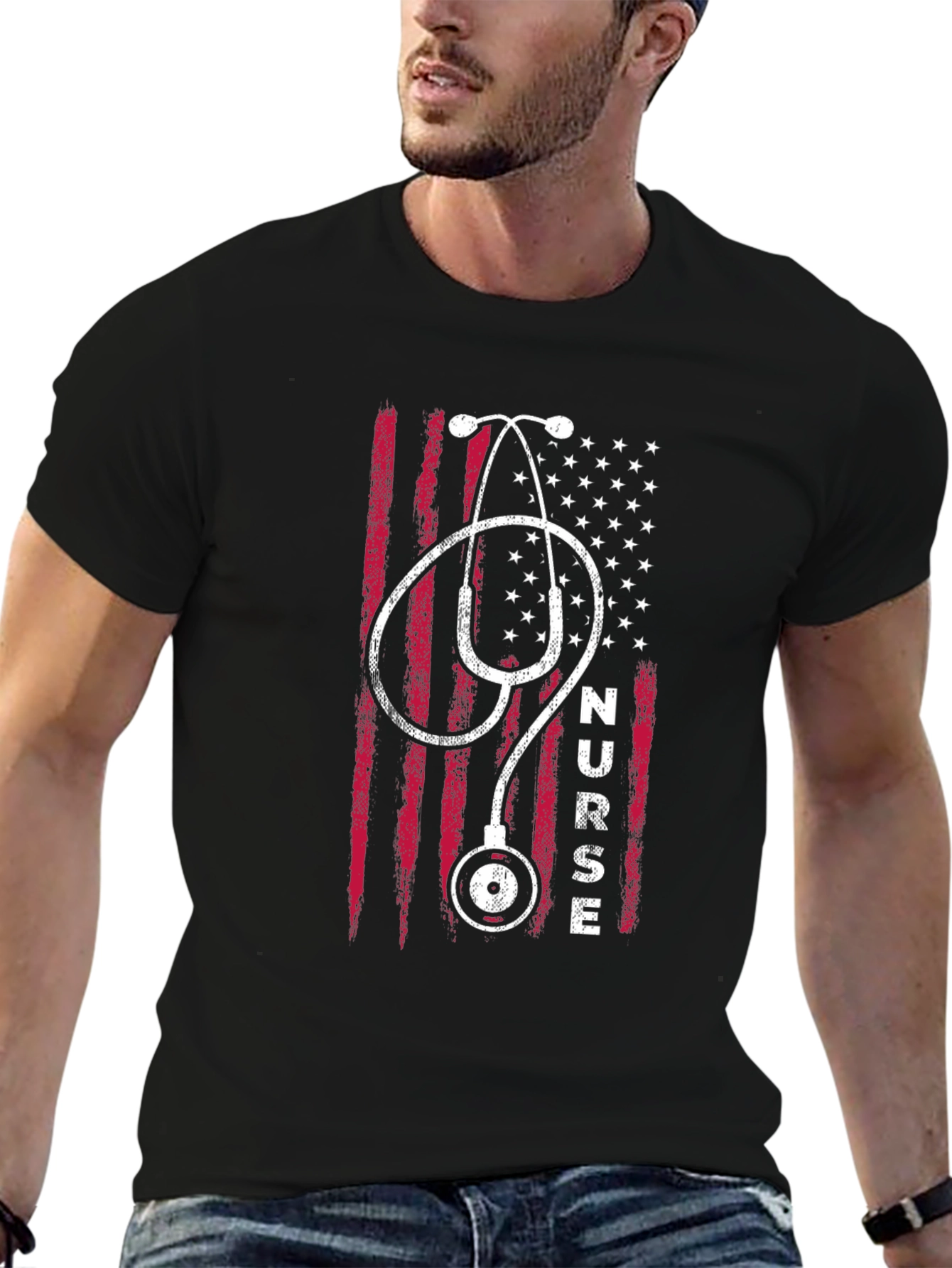 Black Nurse USA Flag Stethoscope T-Shirt - Black view 6