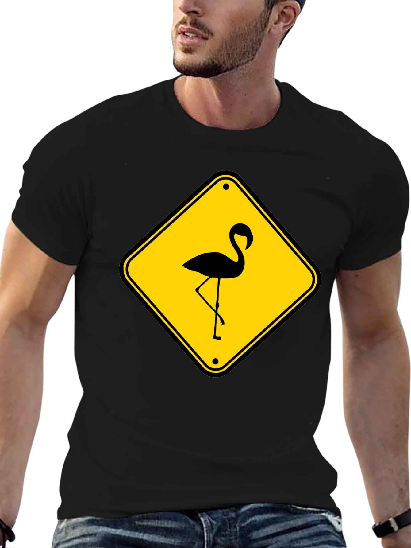 Black Flamingo Warning Sign Graphic Tee view 6