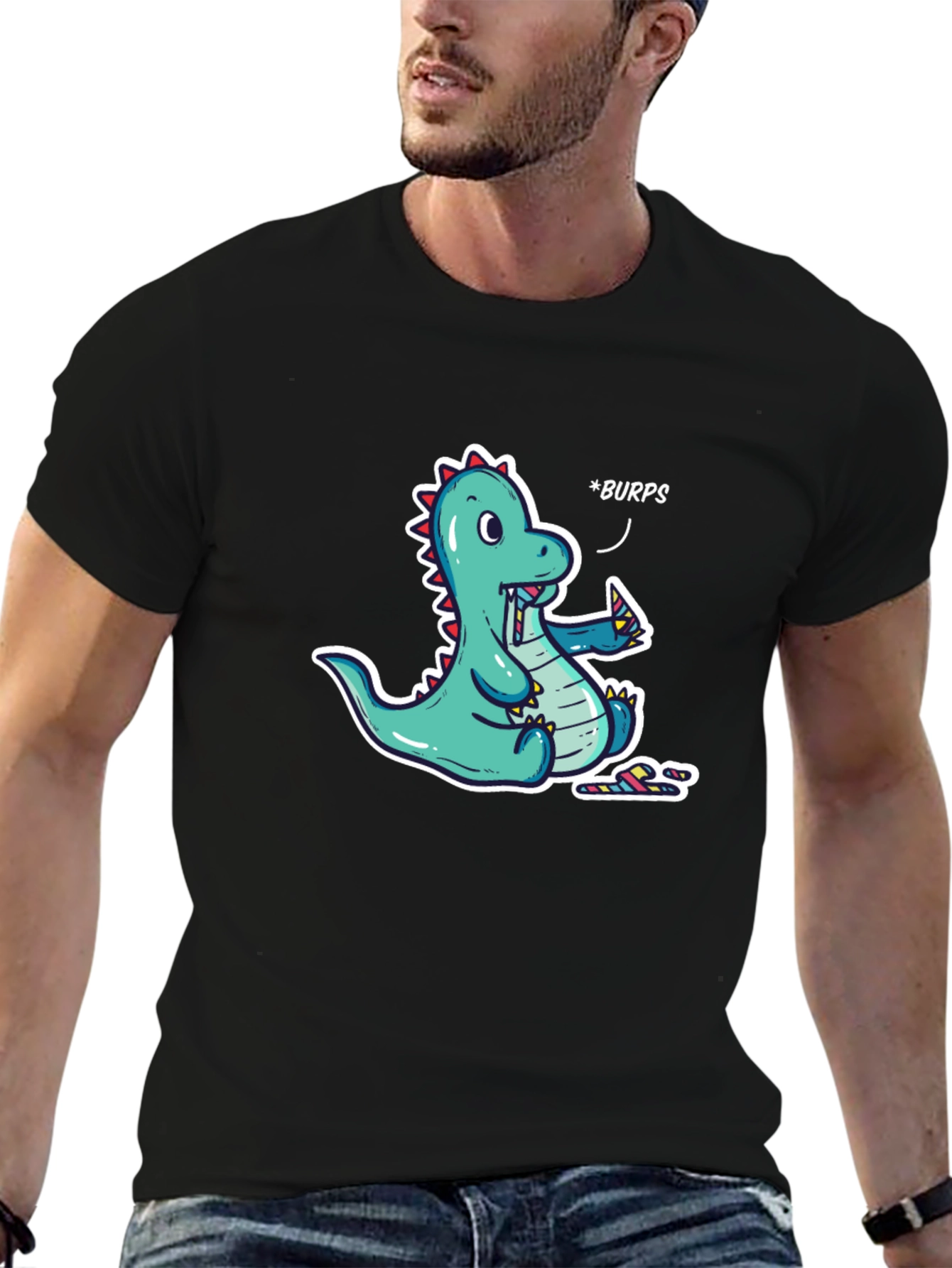 Black Funny Dinosaur *Burps* Graphic T-Shirt - Black Cotton Tee view 6