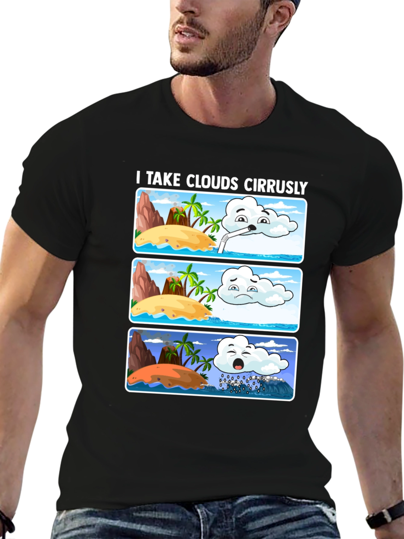 Black Humorous Weather Cartoon T-Shirt view 6