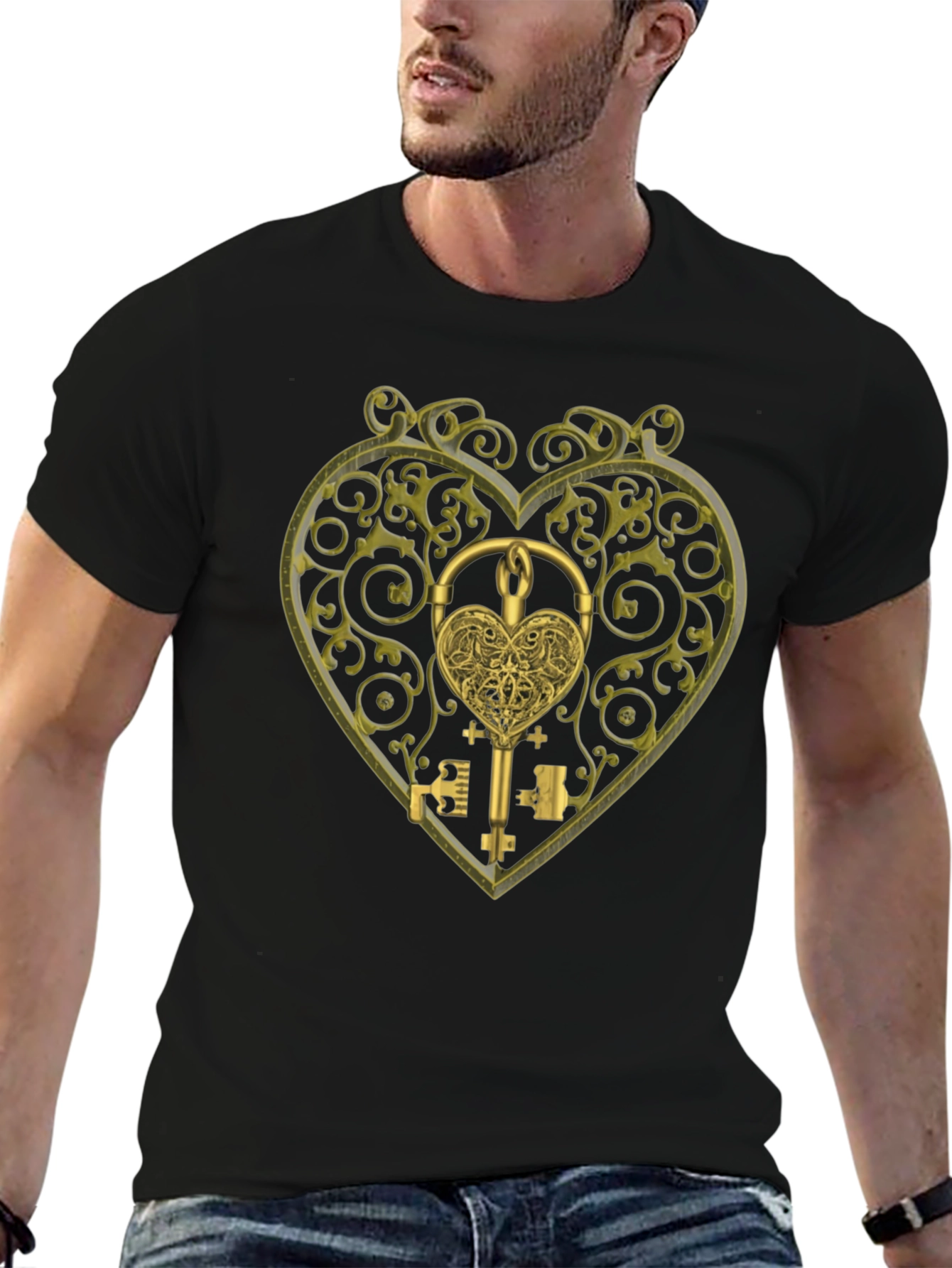 Black Ornate Heart Lock & Key Black Graphic Tee view 6