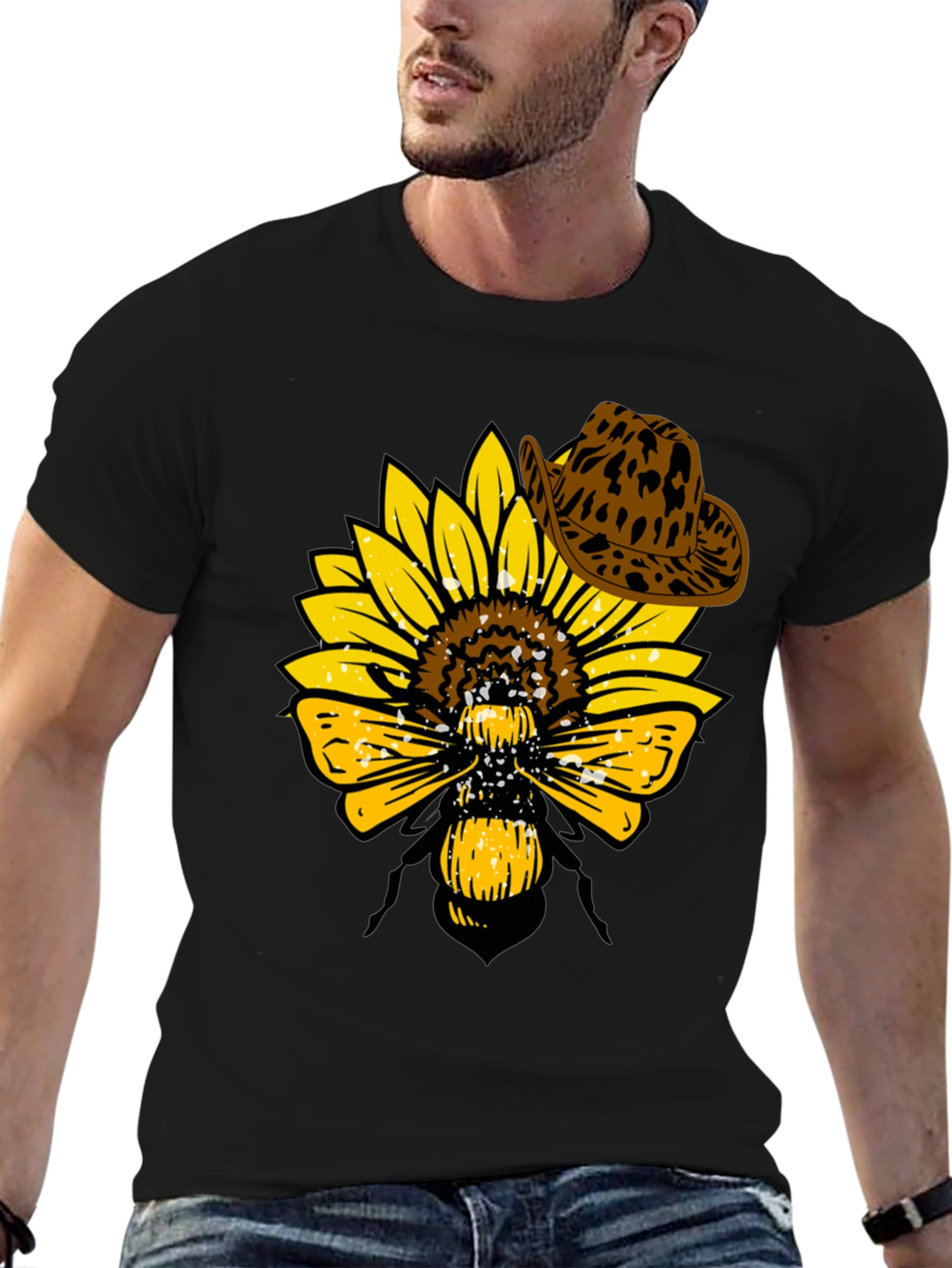 Black Sunflower Bee Cowboy Hat T-Shirt view 6