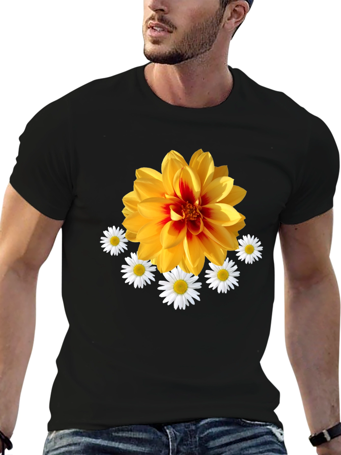 Black Floral Graphic T-Shirt: Yellow Dahlia & Daisies, Black Tee view 6