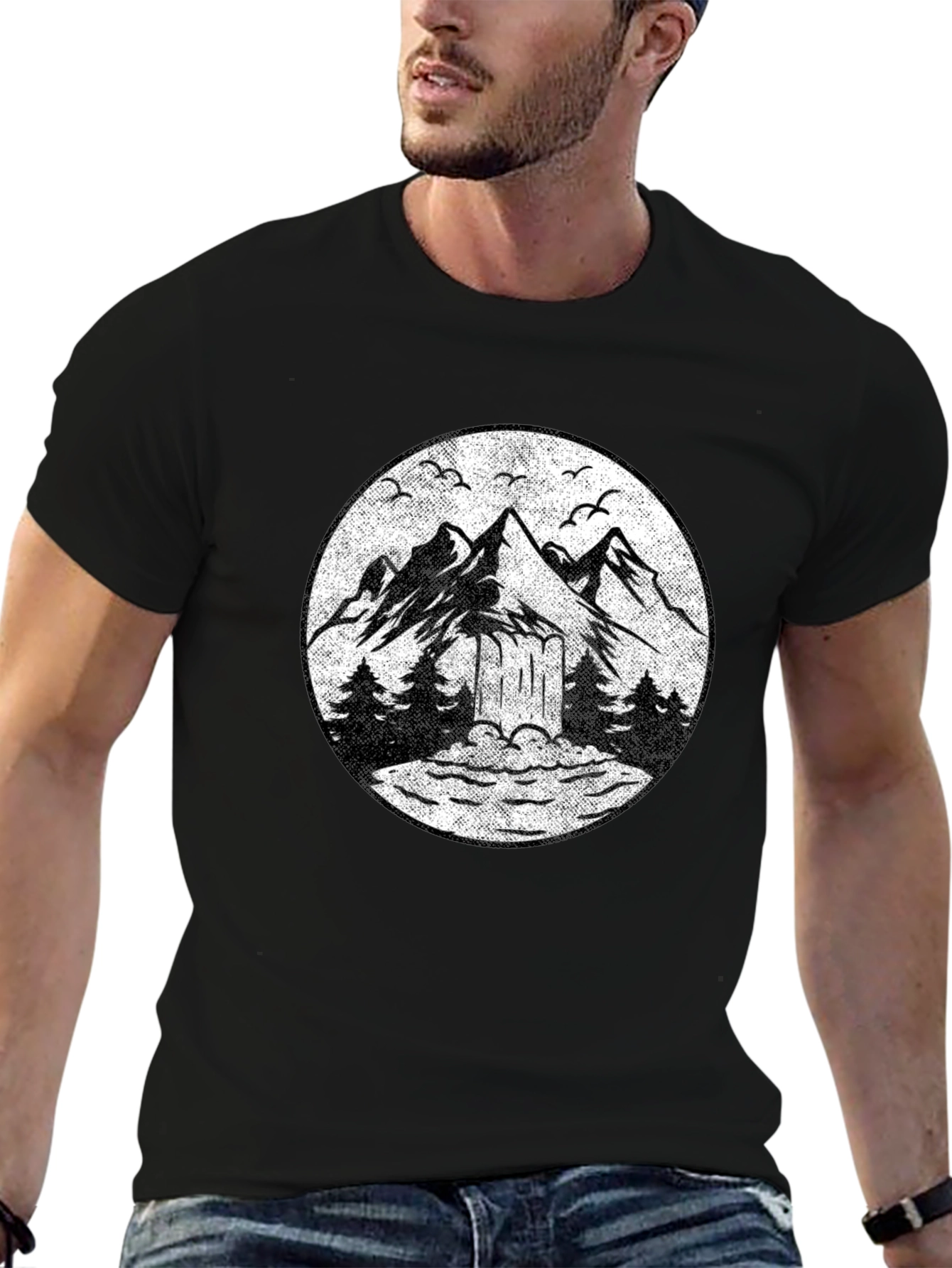 Black Mountain Scene Graphic Tee - Black Unisex T-Shirt view 6