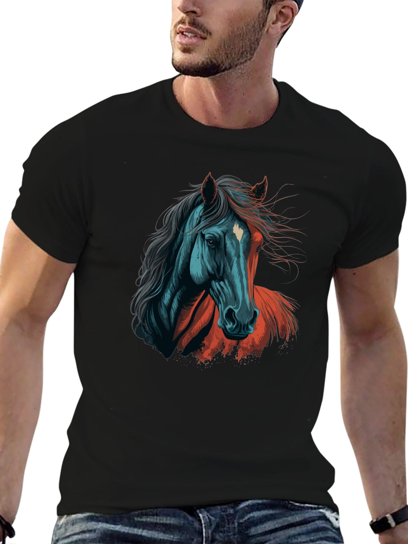 Black Horse Graphic Tee - Artistic Print Black T-Shirt view 6