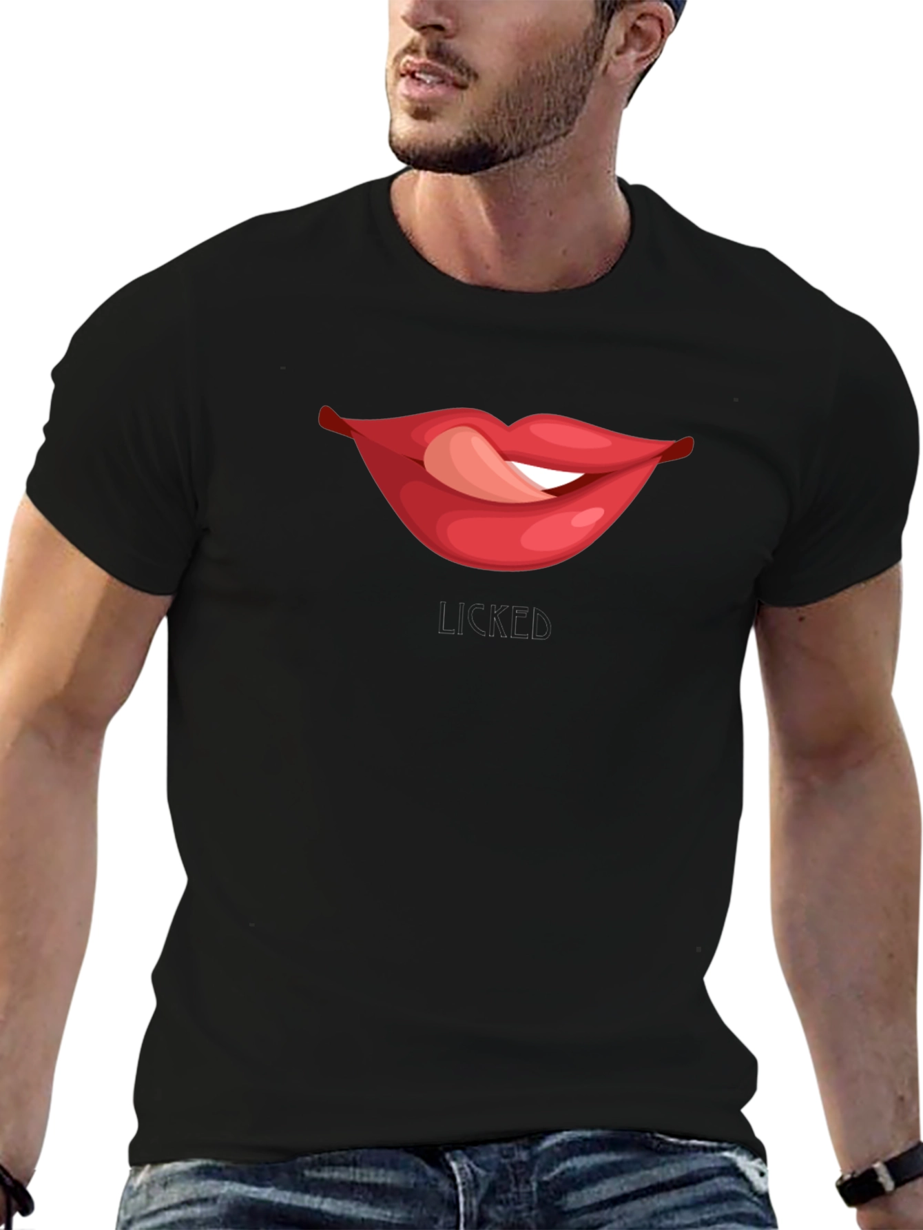 Black Licked Lips Graphic Tee - Black Cotton Blend T-Shirt view 6