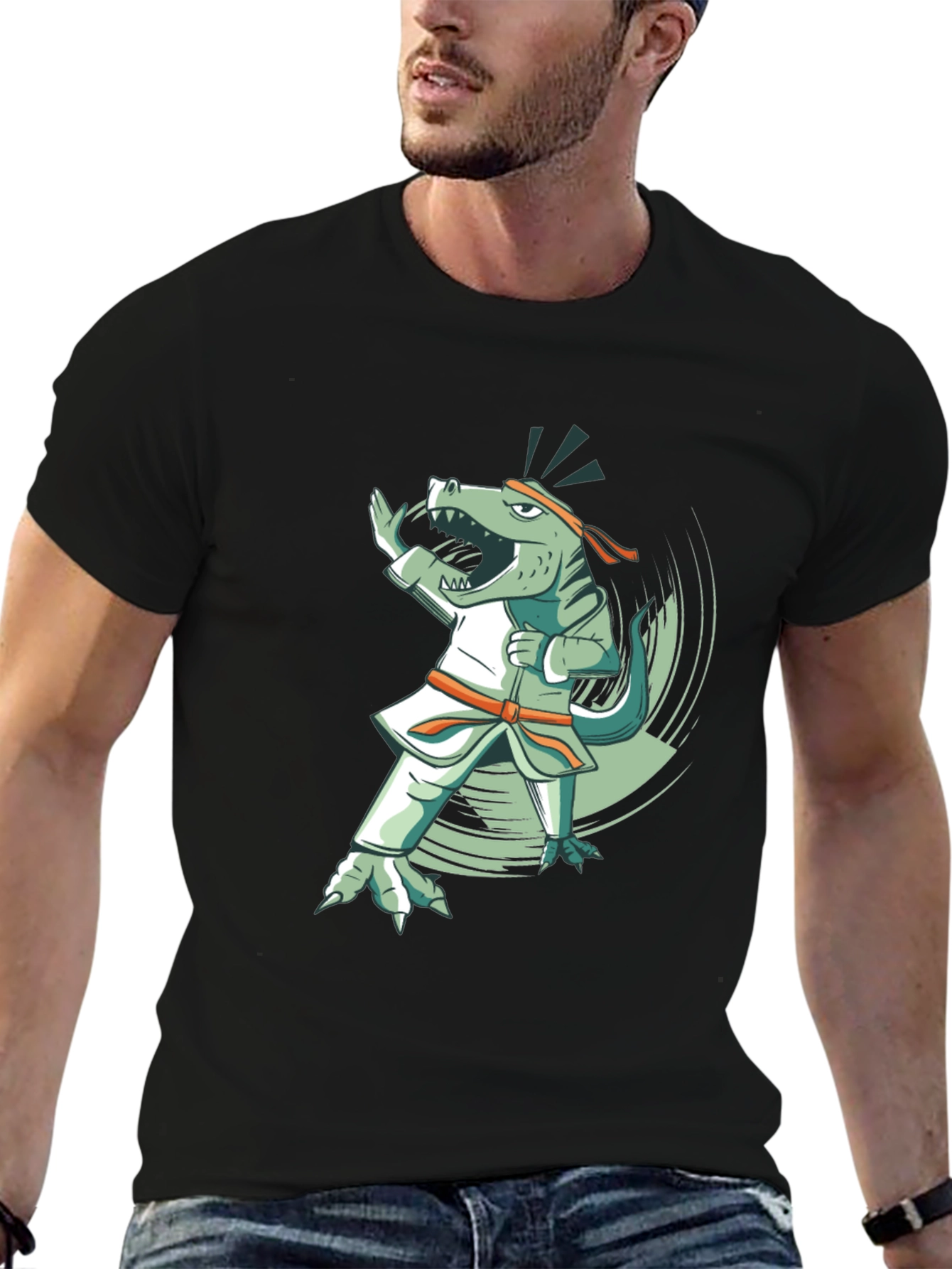 Black Martial Arts Dinosaur Black T-Shirt view 6
