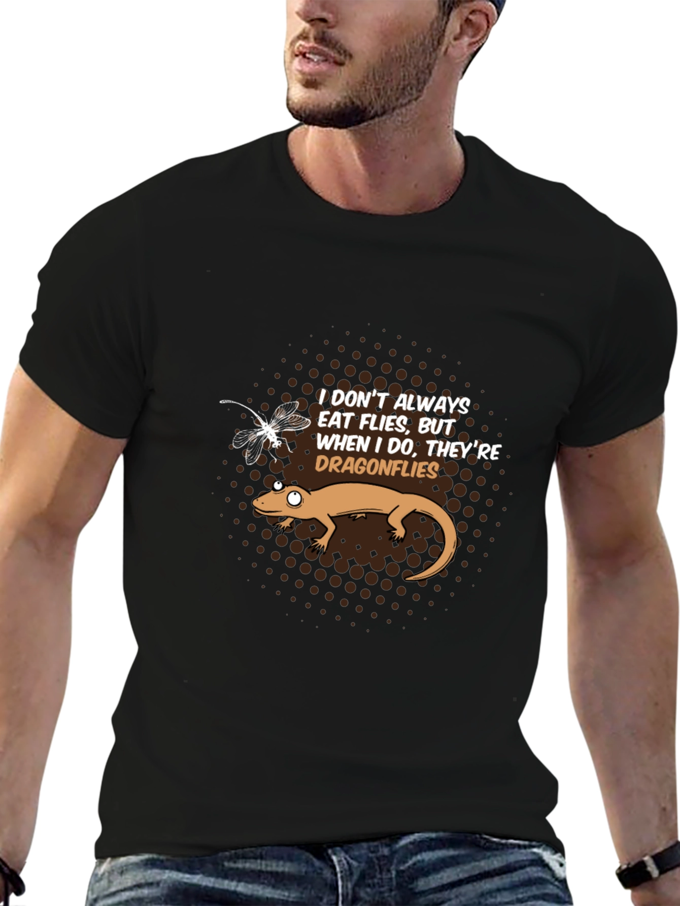 Black Funny Lizard Dragonflies Graphic T-Shirt view 6