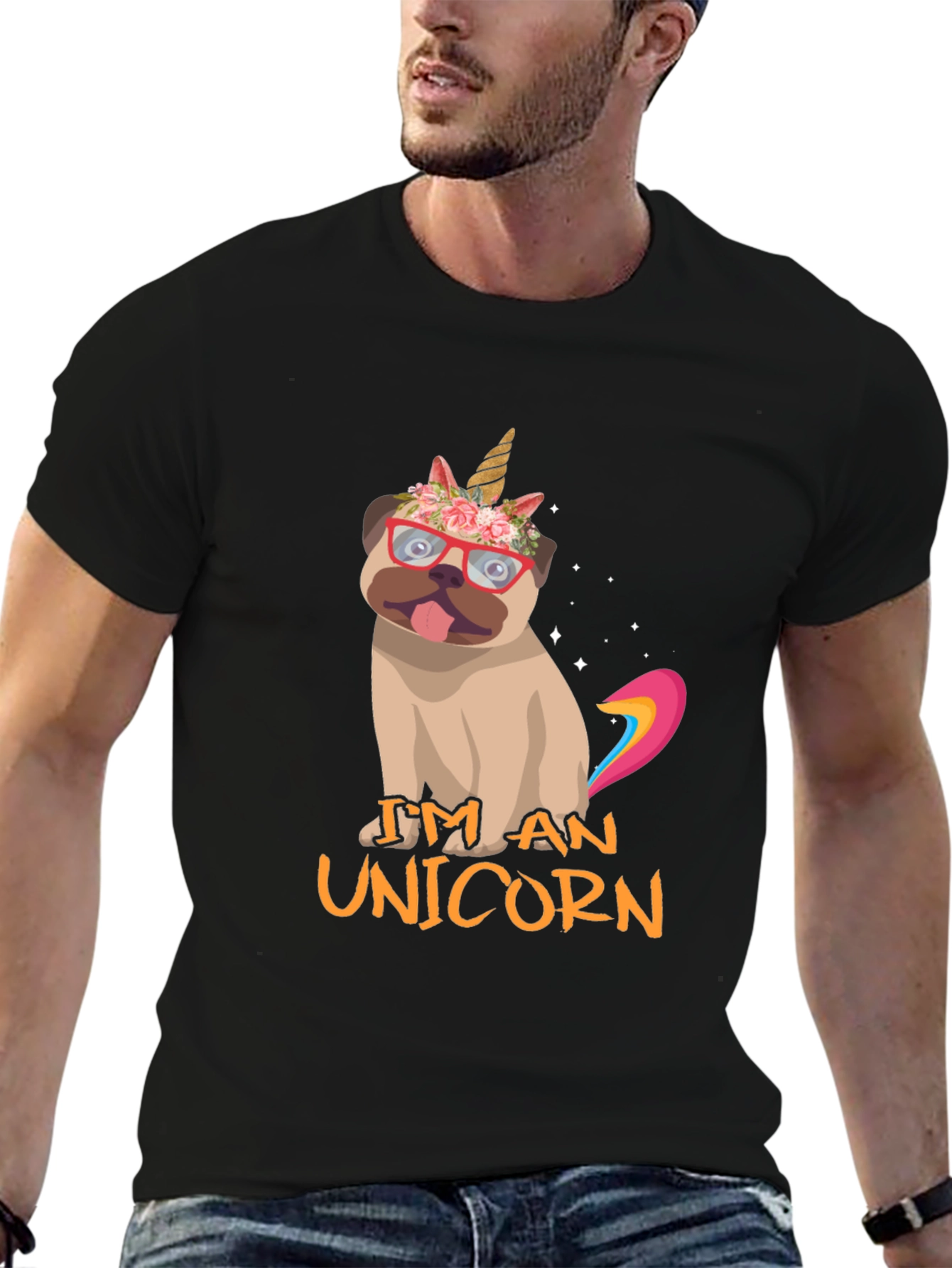 Black I'm An Unicorn Pug T-Shirt view 6