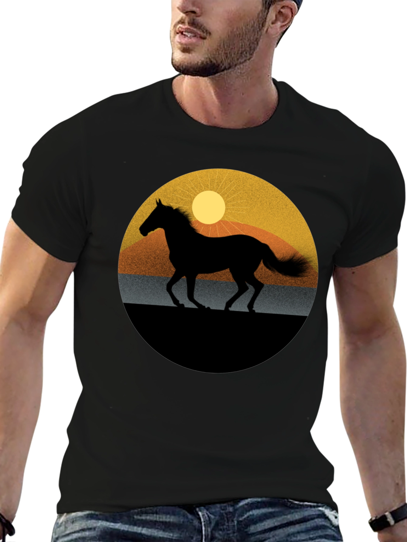Black Horse Silhouette Graphic Tee - Sunset Design view 6