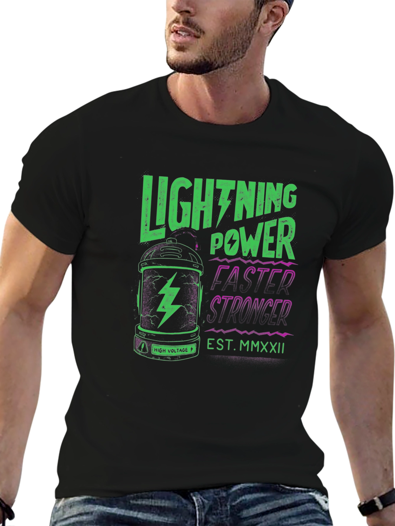 Black Lightning Power Graphic Tee - Black Cotton T-Shirt view 6