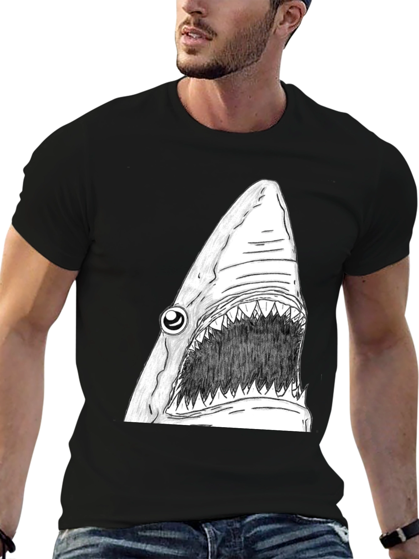 Black Shark Graphic Tee - Men's Black Cotton T-Shirt view 6