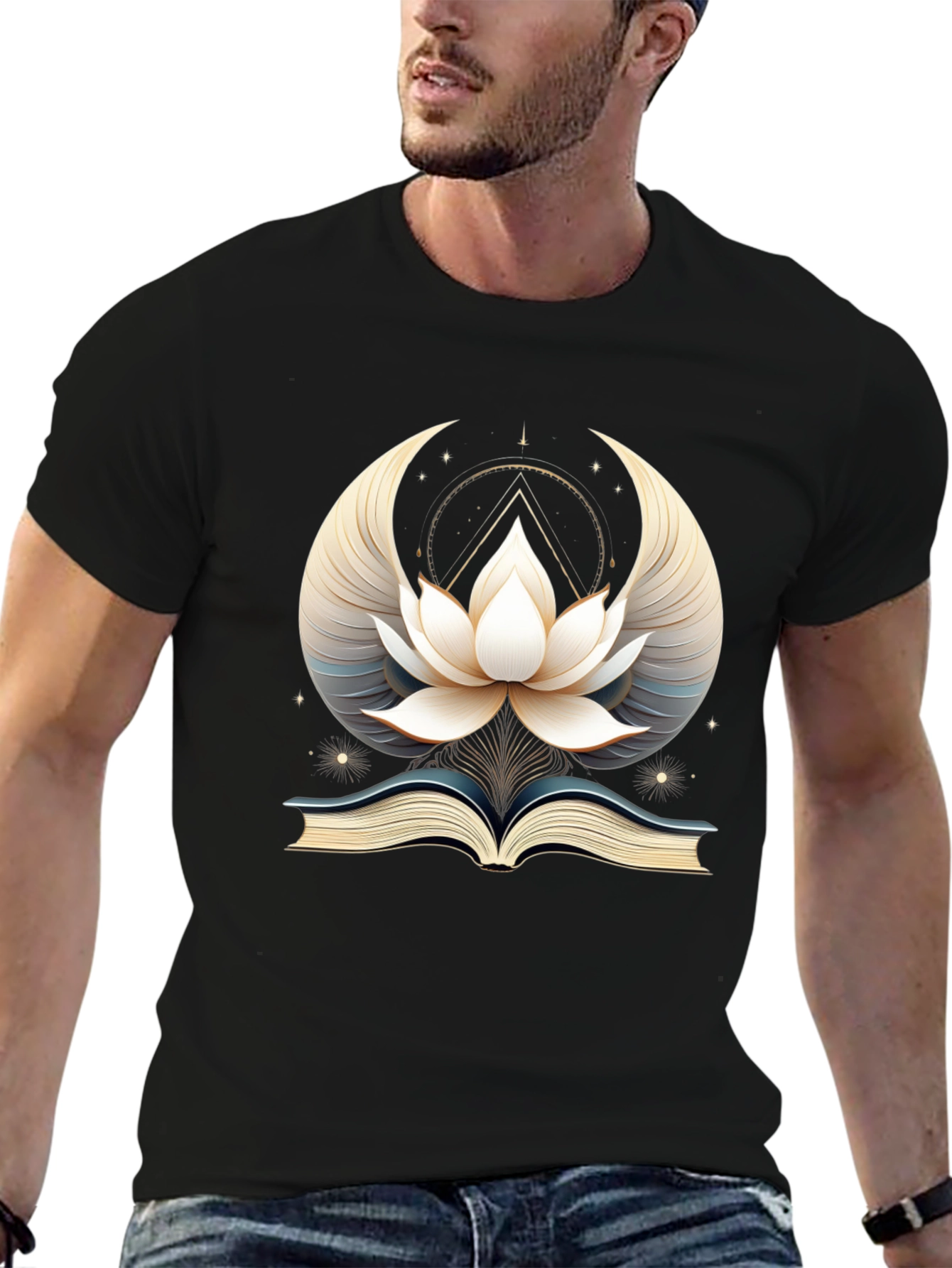 Black Mystic Lotus Book Graphic Tee - Unisex Black T-Shirt view 6