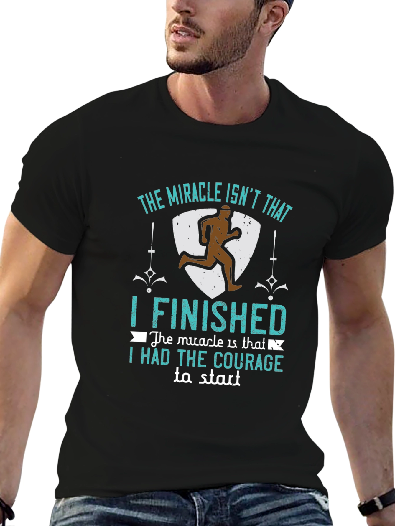 Black Inspirational Runner T-Shirt: "The Miracle Isn't That I Finished..." view 6