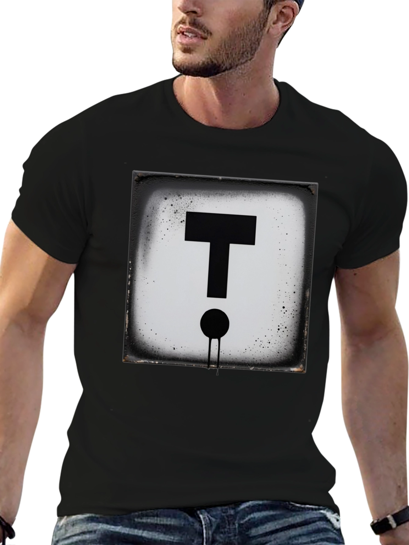 Black Modern Letter 'T' Graphic Black T-Shirt view 6