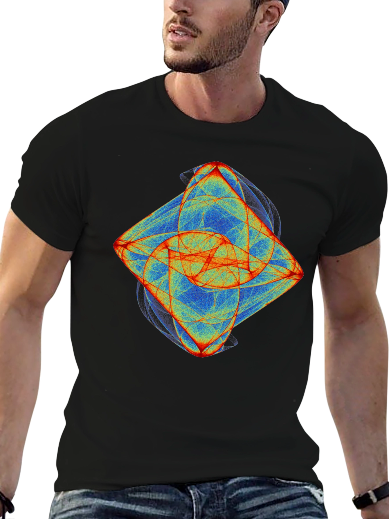 Black Abstract Fractal Graphic Tee - Black Cotton T-Shirt view 6