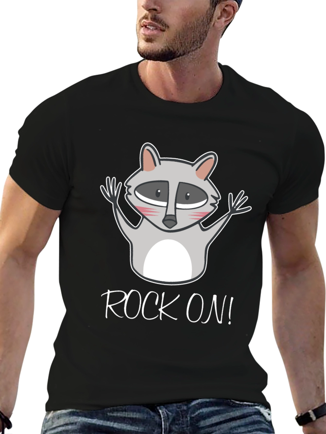 Black Rock On Raccoon Graphic Tee - Black Cotton T-Shirt view 6