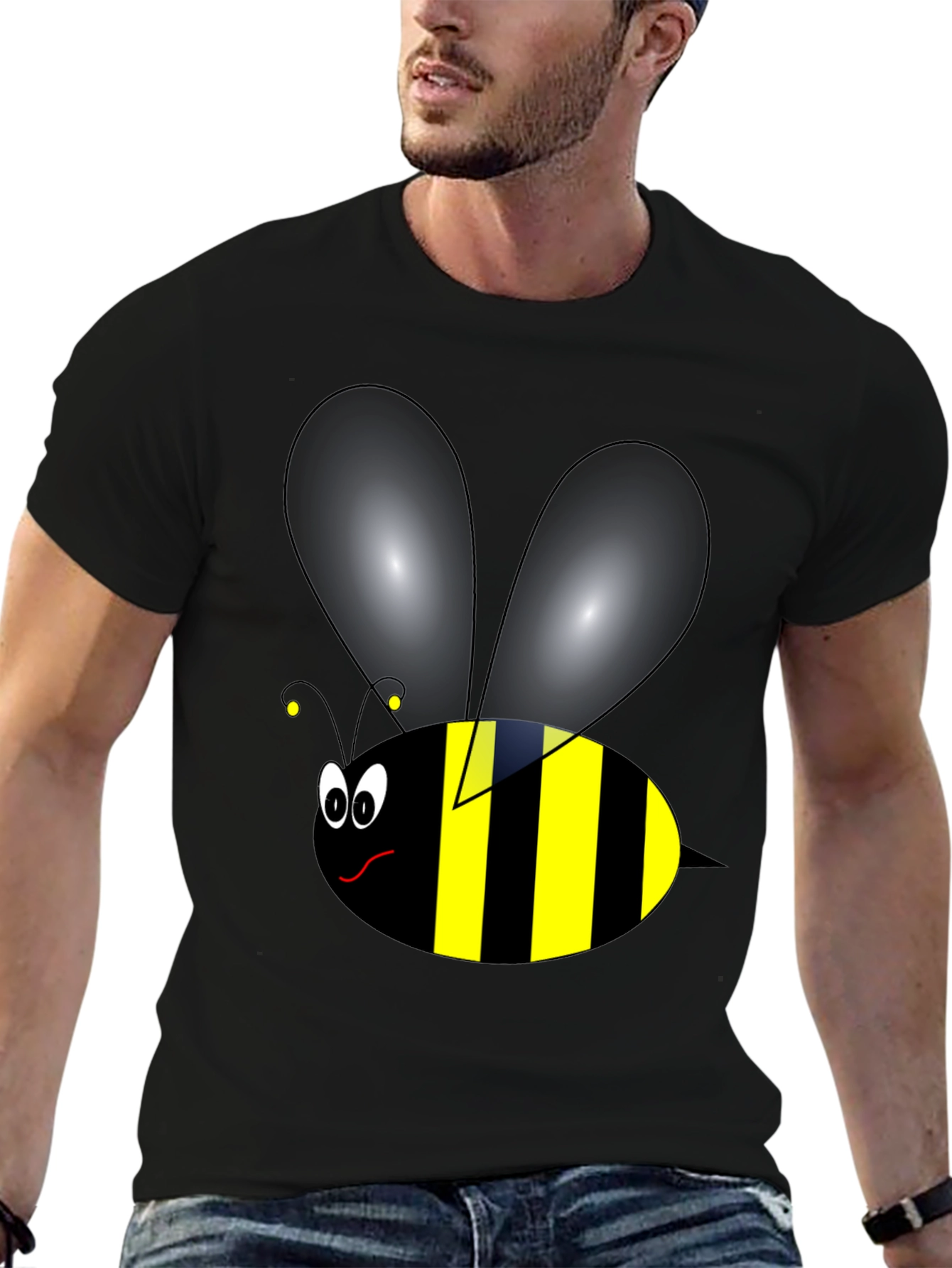 Black Funny Cartoon Bee Graphic Tee - Black Cotton view 6
