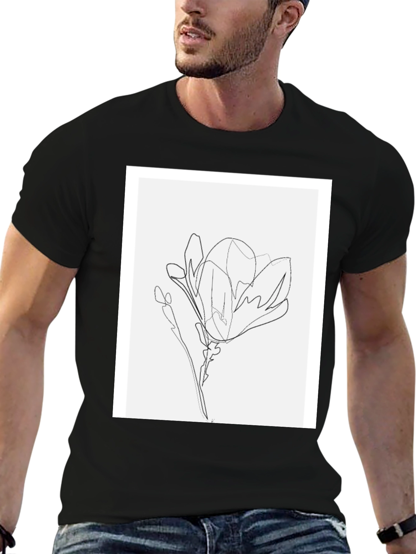 Black Minimalist Line Art Flower T-Shirt - Black view 6
