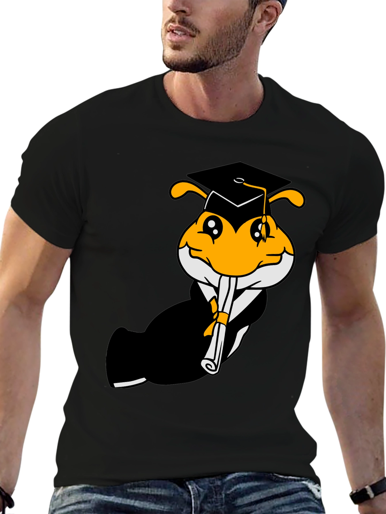 Black Graduation Bee Graphic Tee - Black Cotton T-Shirt view 6