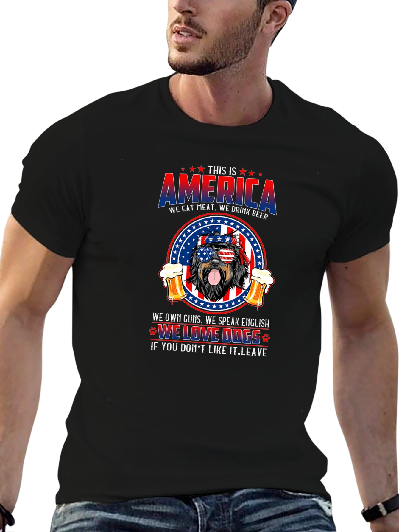 Black Patriotic Dog T-Shirt: America, Meat, Beer, and Dogs view 6